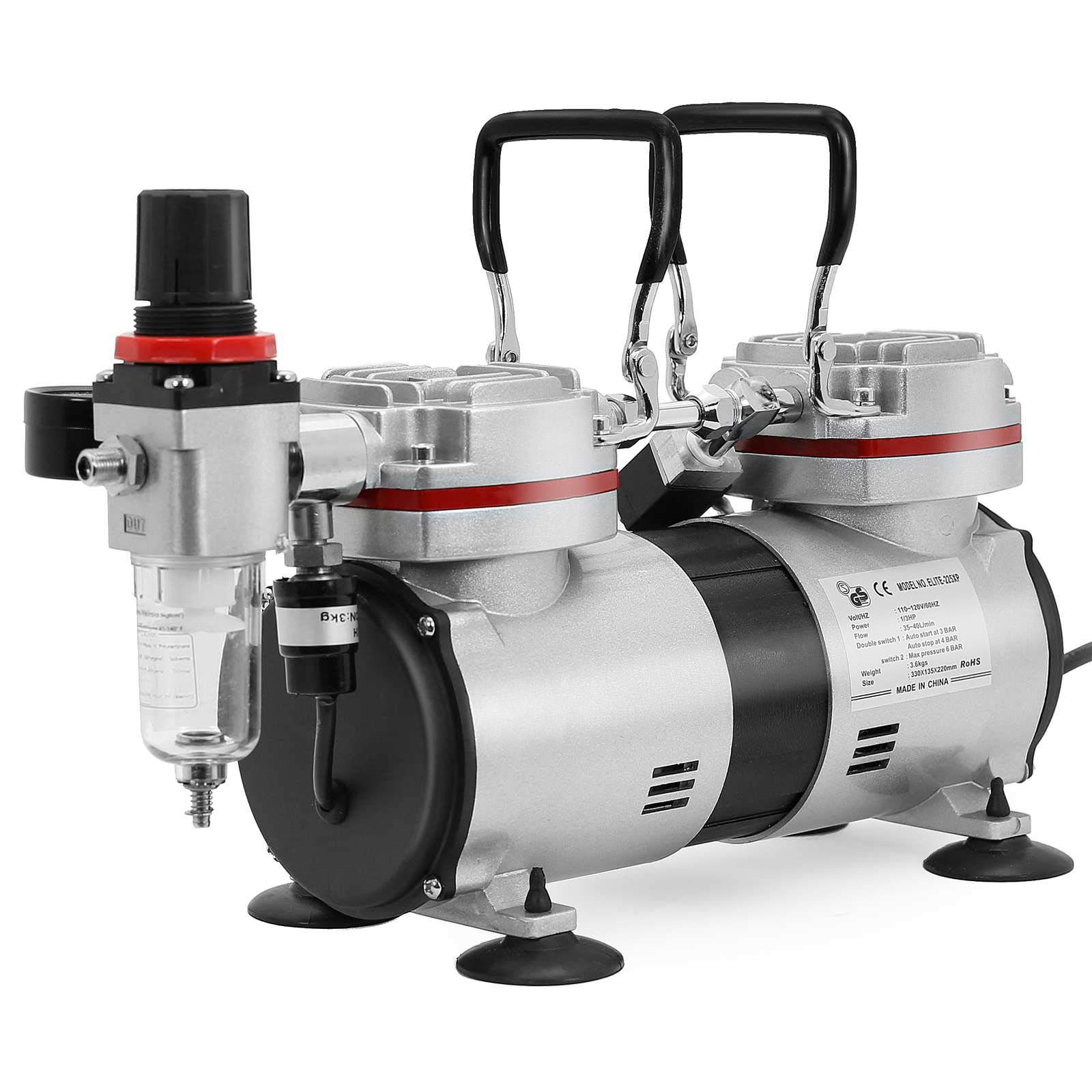 PointZero 1/3 HP Double Piston Airbrush Compressor with Regulator, Gauge & Water Trap - Ultra Quiet Professional Air Pump for Tattoo, Nail Art, Cake Decorating & Model Painting