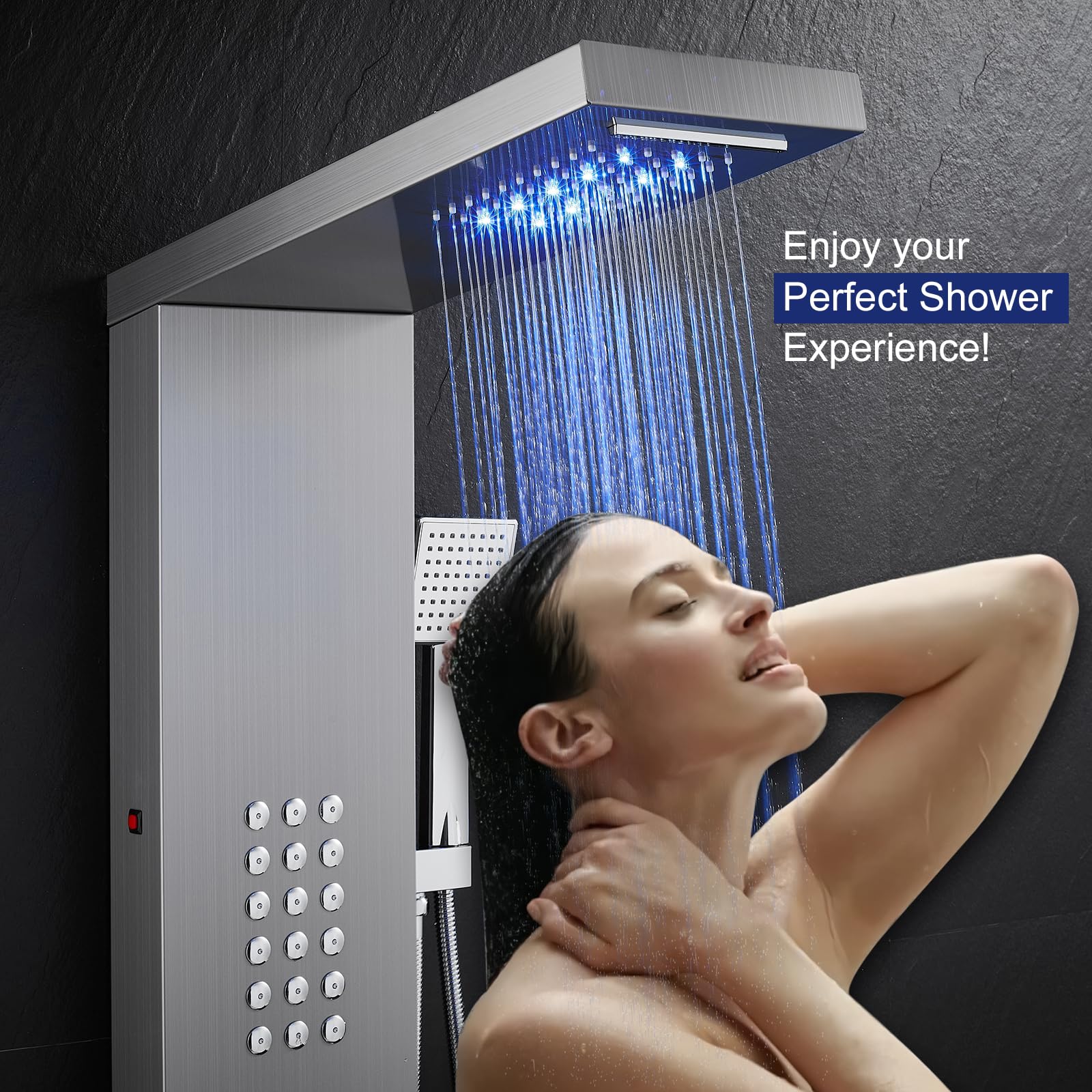 ROVATE 5-in-1 LED Shower Panel Tower System - Brushed Stainless Steel Rainfall Shower with Waterfall, Massage Jets & Handheld Sprayer - High Pressure Shower Column with Tub Spout for Luxurious Bathroom Upgrade (Perfect for Master Bath, Spa-Like Experience)