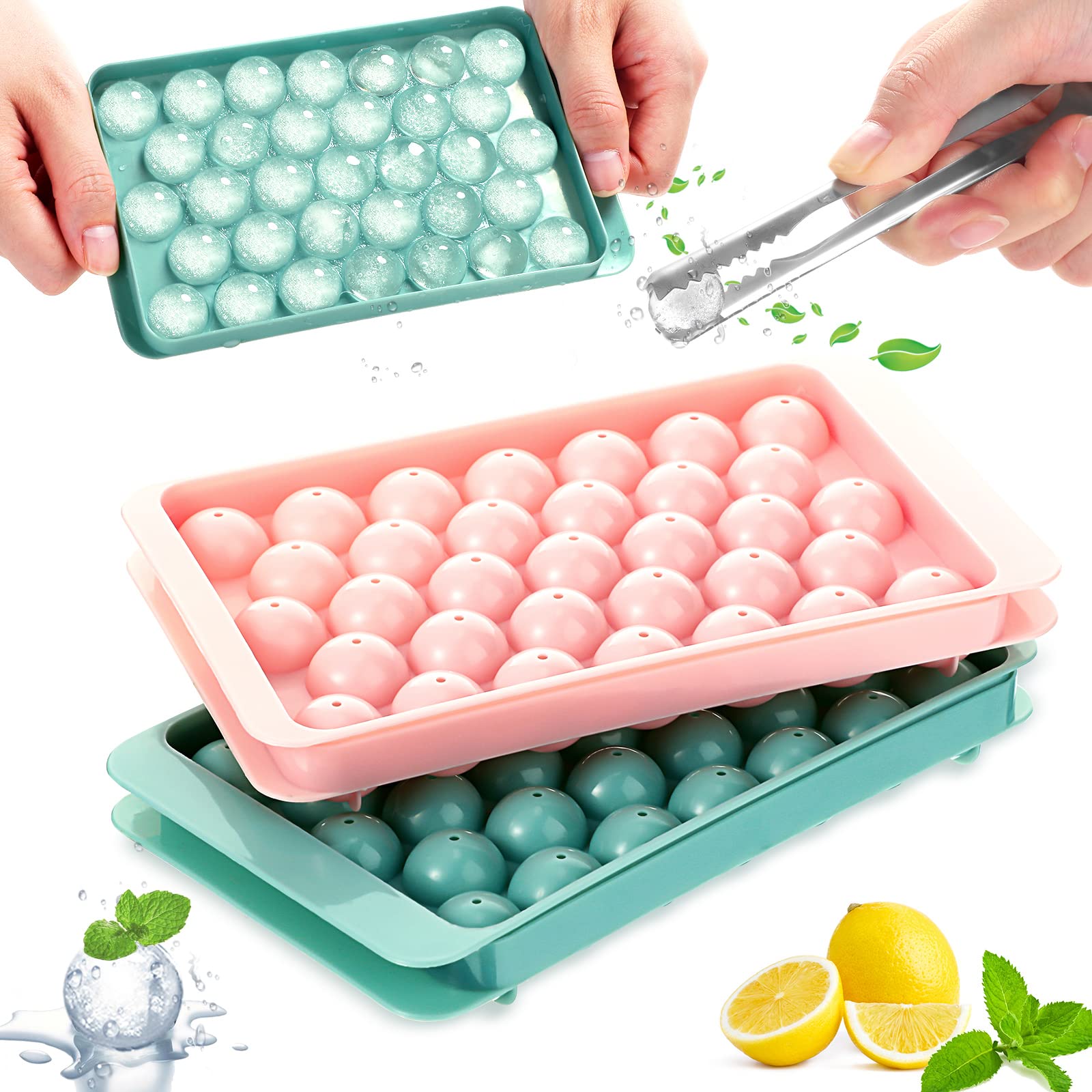 2 Pack Round Ice Cube Tray with Lid - Mini Ice Ball Maker Mold for Whiskey & Cocktails - 66pcs 0.79 Inch Sphere Ice Cubes + Ice Tongs - Perfect for Home Bars, Parties & Gifts