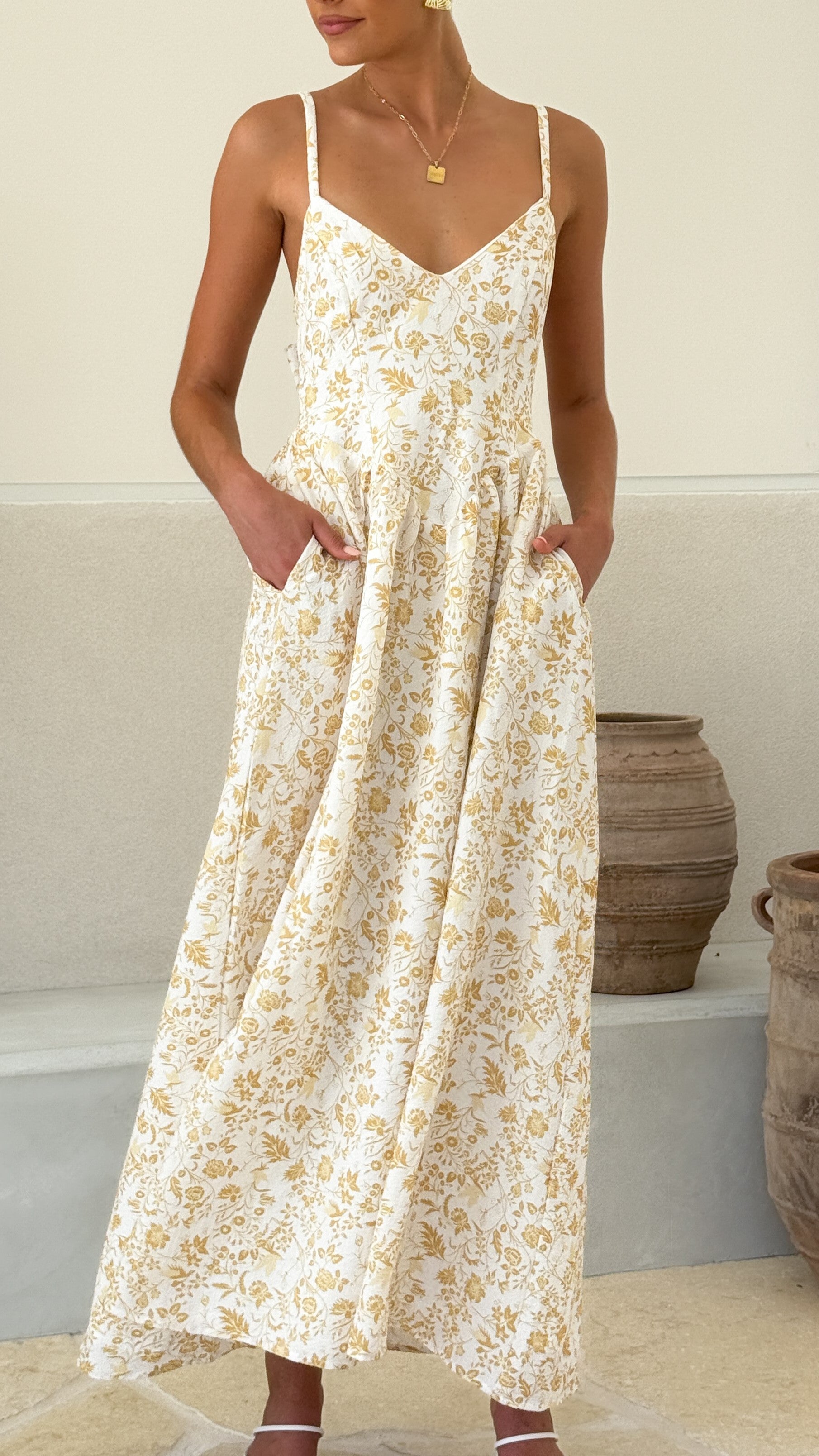 Azura Maxi Dress - Flowy Yellow Floral Print Summer Dress for Women | Beach Wedding, Vacation & Casual Outfit