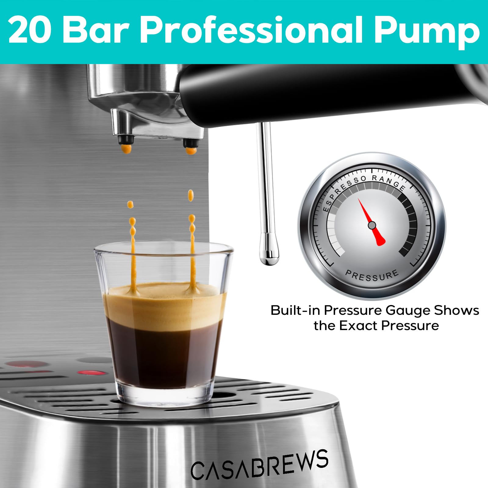 CASABREWS 20 Bar Espresso Machine - Compact Coffee Maker with 34oz Water Tank, Professional Cappuccino & Latte Maker with Milk Frother, Stainless Steel for Home Barista - Perfect for Kitchen, Office & Small Spaces