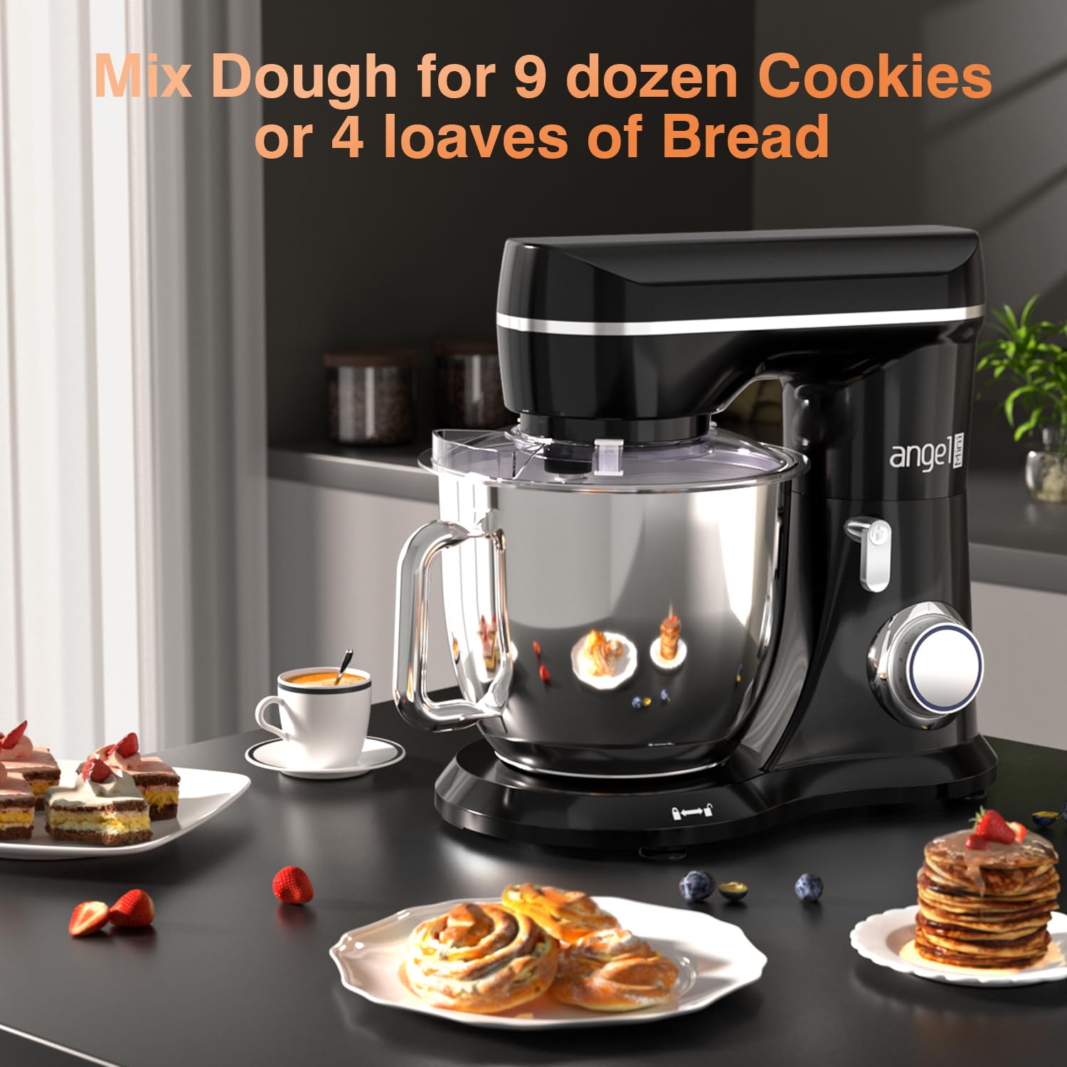 5-Quart Mini Angel Electric Stand Mixer with Dough Hook, Flat Beater & Wire Whisk - 10+ Speed Settings & Splash Guard - Perfect for Baking, Cooking & Meal Prep (Black)