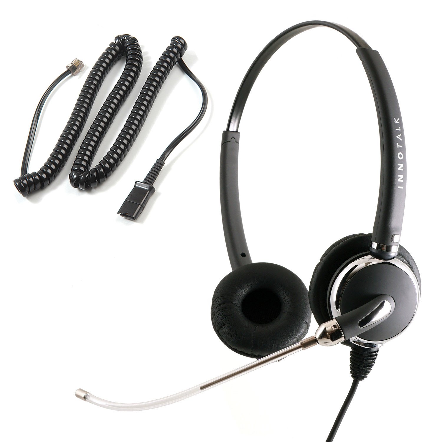 INNOTALK RJ9 Binaural Office Headset - Durable Call Center Headphones with Voice Tube Microphone, Clear Sound, Wired 9ft Cable & QD Pigtail Adapter - Compatible with Polycom, Mitel, Cisco & More - Perfect for Call Centers, Office Communication & Customer Support