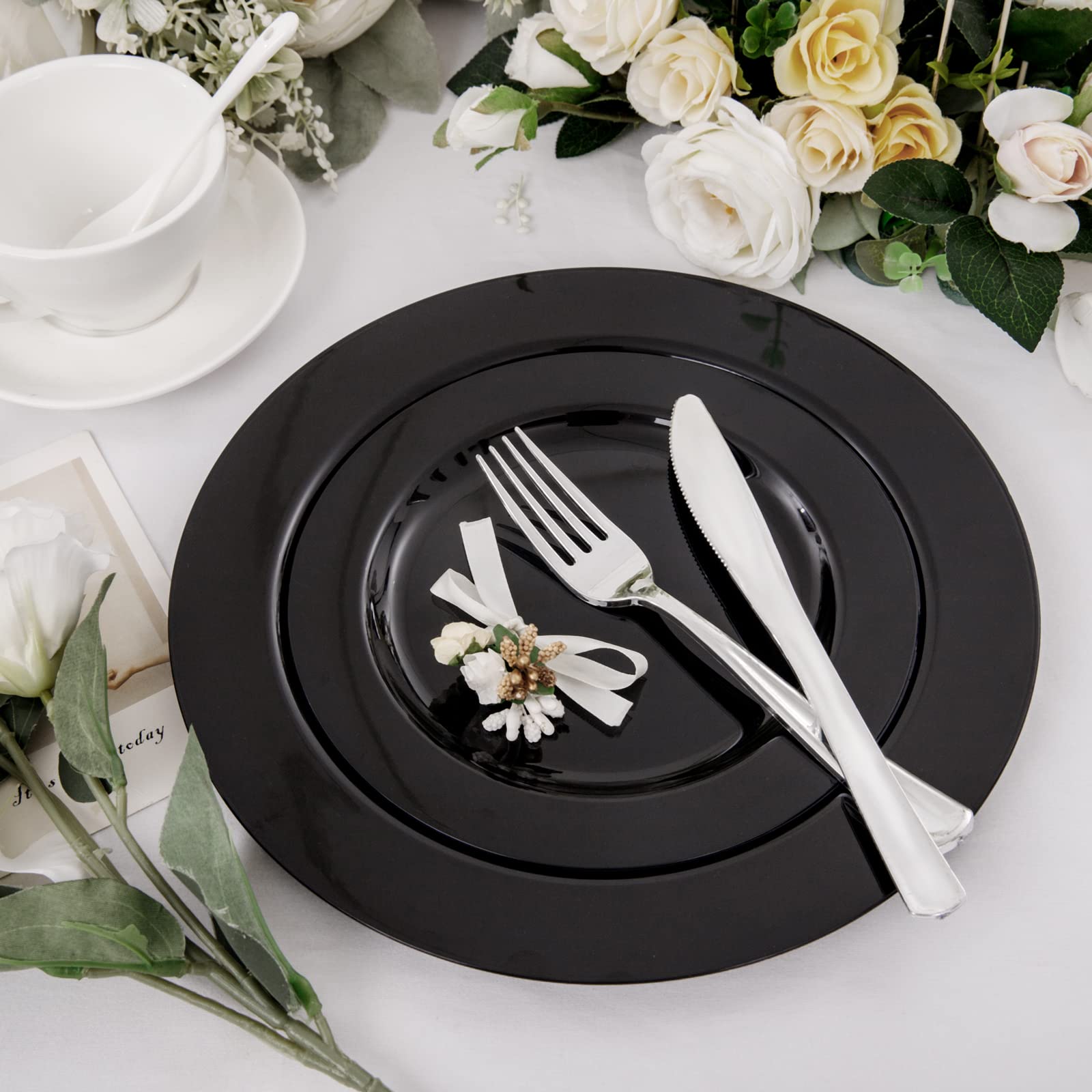 FLOWERCAT 60-Pack Heavy Duty Black Plastic Plates Set - 30PCS 10.25