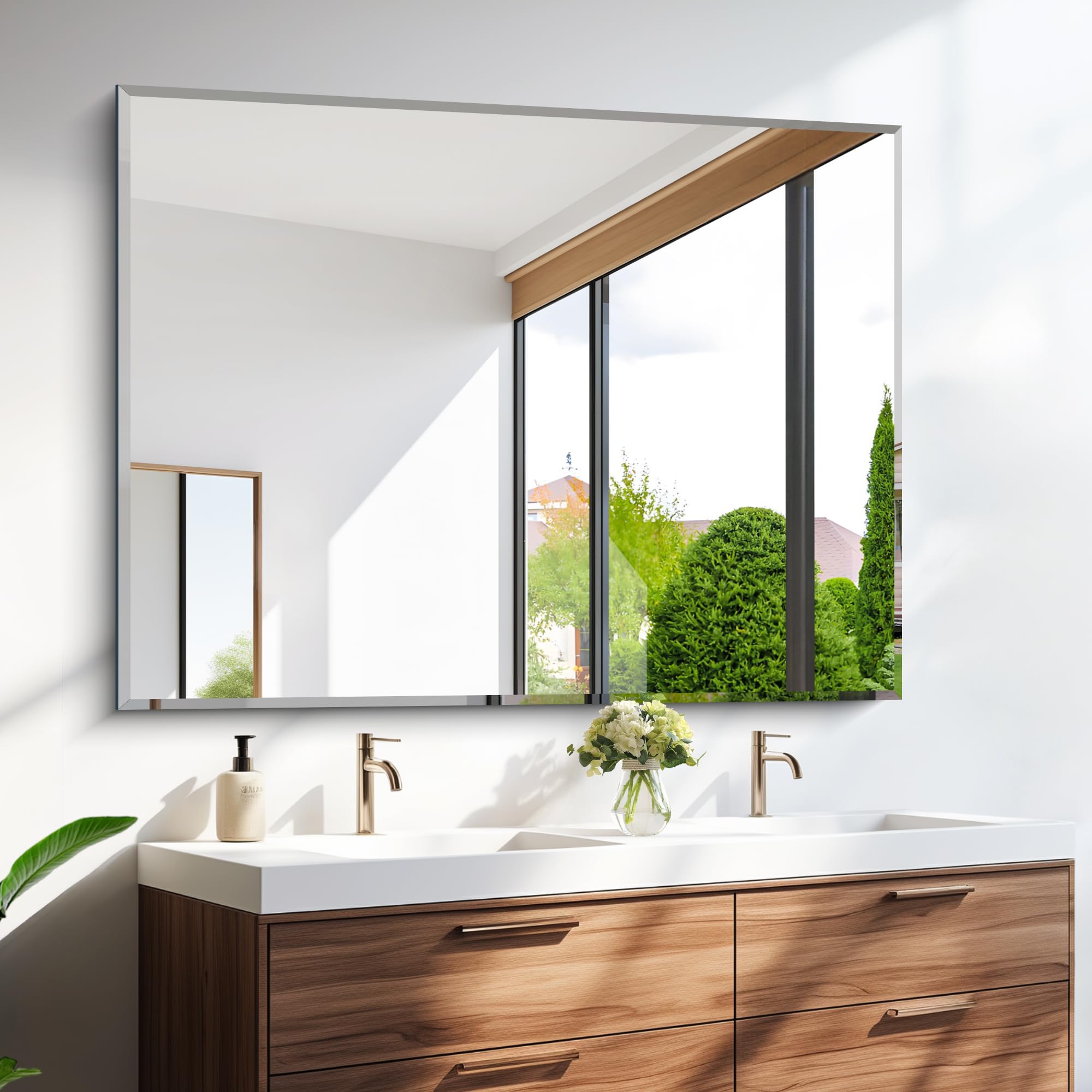 36x48 Inch Shatterproof Beveled Bathroom Mirror - Large Frameless Vanity Mirror for Over Sink, Bedroom, Living Room & Entryway - Perfect for Modern Home Decor & Space Enhancement