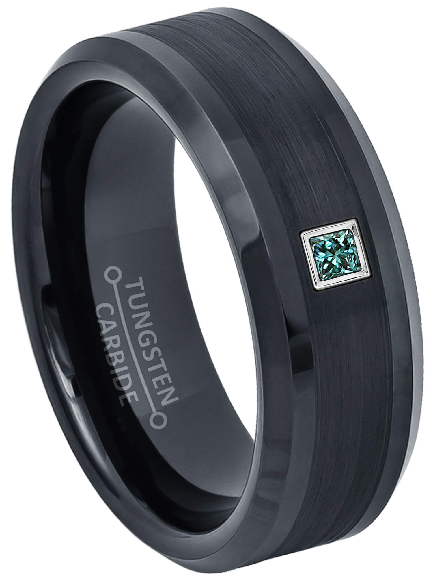 0.05ctw Princess Cut Blue Diamond Tungsten Ring for Men & Women - 8mm Comfort Fit Black Tungsten Carbide Wedding Band - April Birthstone Jewelry - Perfect for Engagement, Anniversary & Special Occasion Gifts