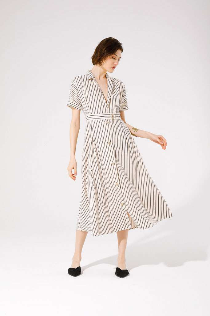 Marinetta Striped Shirt Dress for Women - Beige & Black Casual Summer Dress - Perfect for Beach, Office, and Date Night Outfits