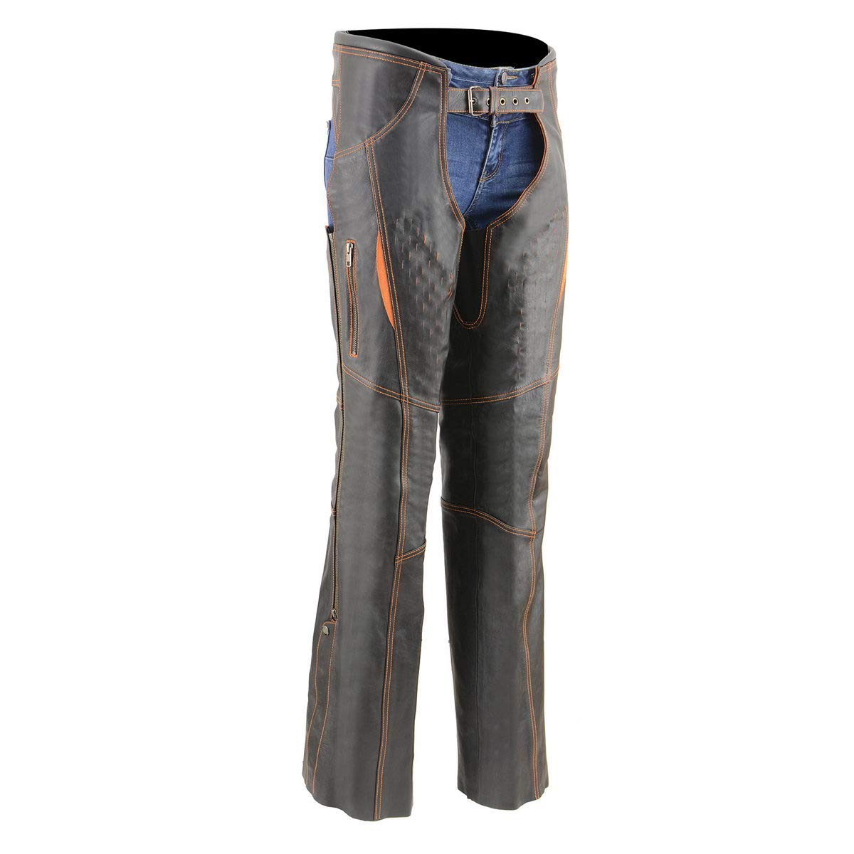 Premium Milwaukee Leather Motorcycle Chaps for Women - Black & Orange with Laser Cut Accents & Stitching (MLL6525-3X-Small) - Perfect for Riding, Biker Events & Outdoor Adventures