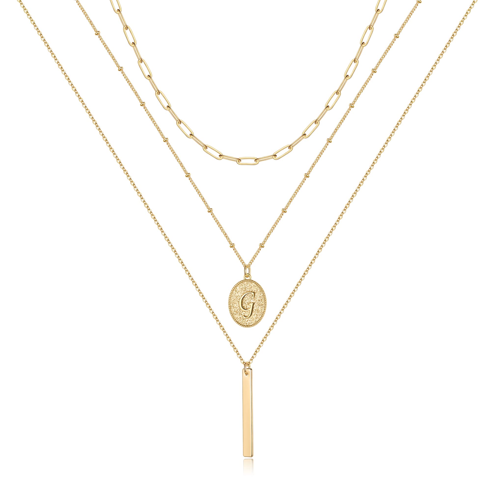 14K Gold Plated Initial Necklace for Women - Personalized Letter Coin Layered Paperclip Chain Bar Necklace - Elegant Gold Jewelry Gift for Her - Perfect for Daily Wear, Layering & Special Occasions