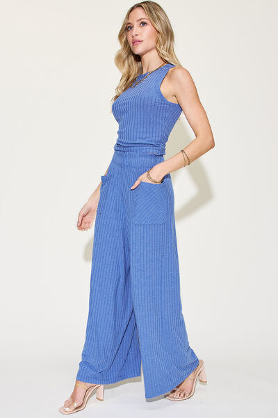 Basic Bae Full Size Ribbed Tank Top and Wide Leg Pants Set - Women's Casual Lounge Outfit for Home, Yoga & Streetwear Fashion