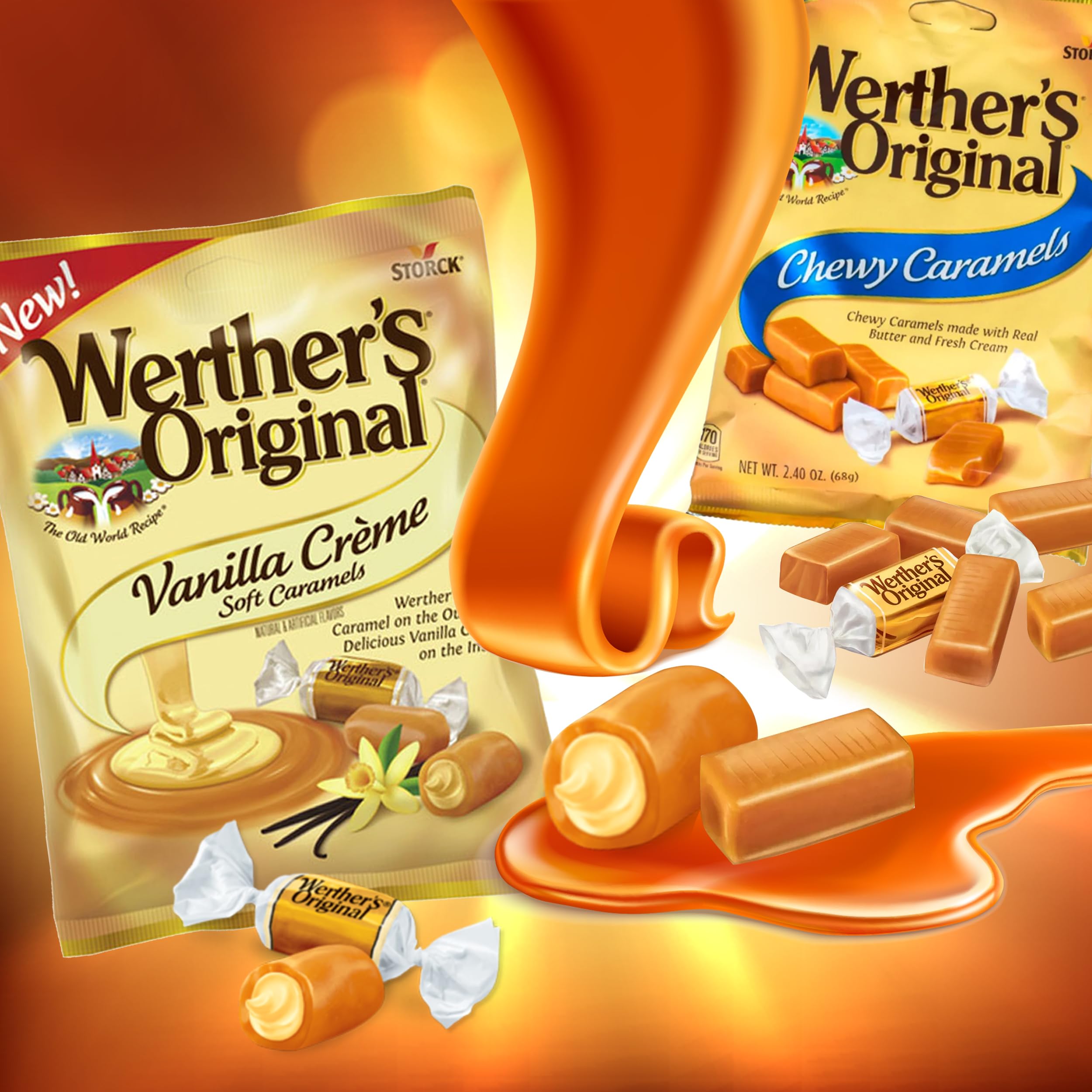 Werthers Original Vanilla Creme Soft Caramels & Chewy Caramel Candy - 4-Pack (2 of Each) - Individually Wrapped Caramel Creams, Soft Chews Candy - Perfect for Office Snacks, Party Favors & Gift Baskets