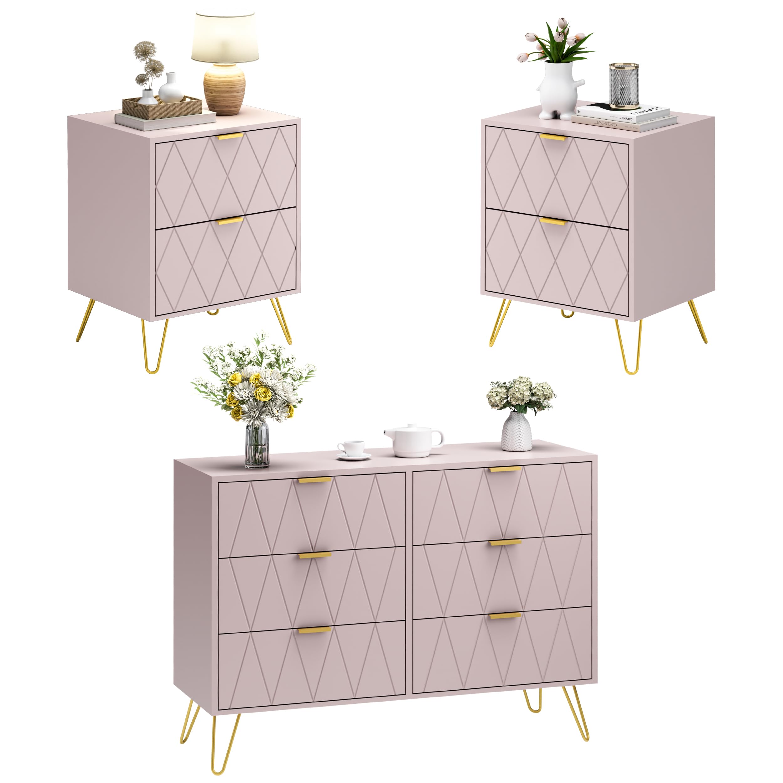 Anbuy 6-Drawer Dresser and Nightstand Set for Bedroom - 3-Piece Furniture Combo with 2 Nightstands & 1 Dresser in Pink - Perfect for Bedroom Storage, Guest Room, and Small Space Organization