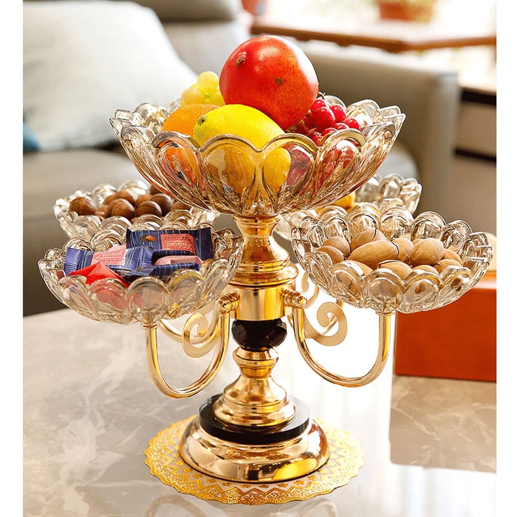 Elegant Rotating 5-Head European Metal Fruit Basket with Crystal Glass - Decorative Serving Tray for Weddings, Parties & Home Decor | Perfect Gift for Housewarming & Special Occasions