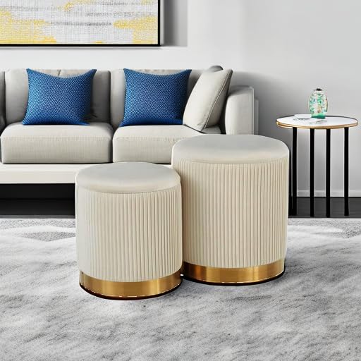 Round Velvet Storage Ottoman Set of 2 - White Upholstered Footrest Pouf with Hidden Storage for Living Room, Bedroom & Dorm - Perfect for Extra Seating, Footrest & Home Organization