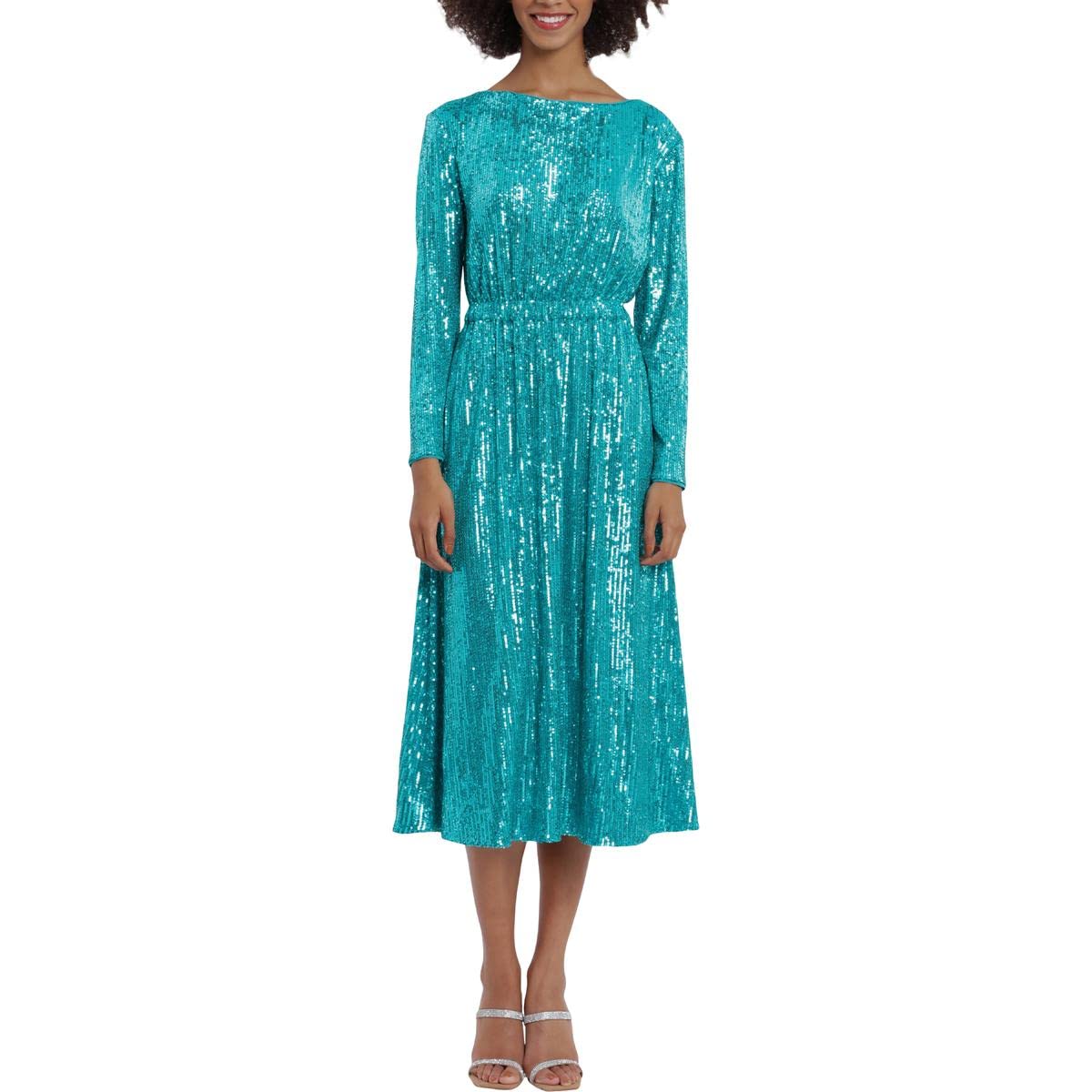 Maggy London Women's Boat Neck Long Sleeve Midi Dress - Elegant Flowy A-Line Formal Dress for Wedding, Party & Office Wear