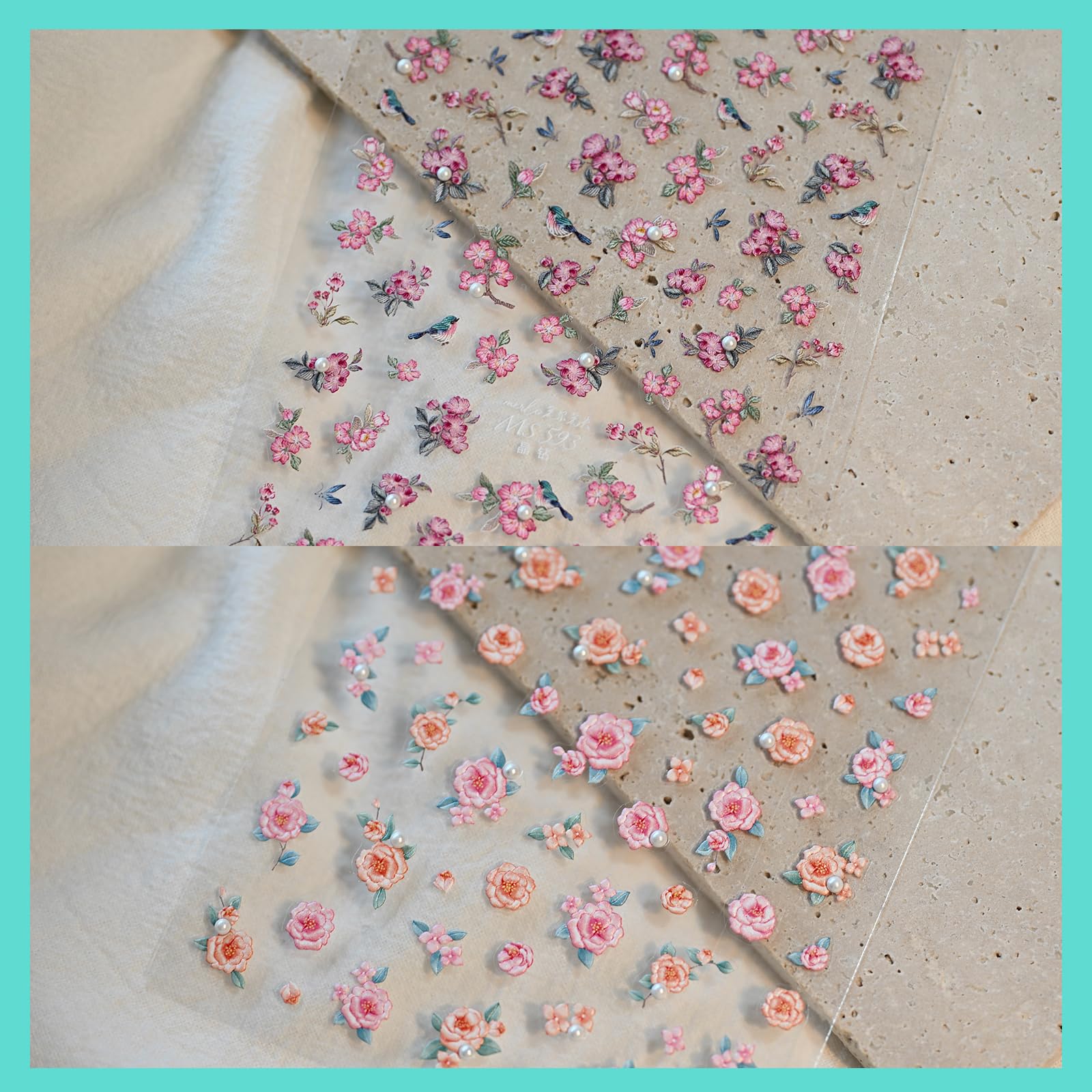 Vintage Rose Bird Nail Art Stickers with Pearl Rhinestones - Self-Adhesive Embossed Nail Decals for Women (3 Sheets) | Perfect for DIY Manicures, Bridal Nails, and Special Occasion Nail Designs