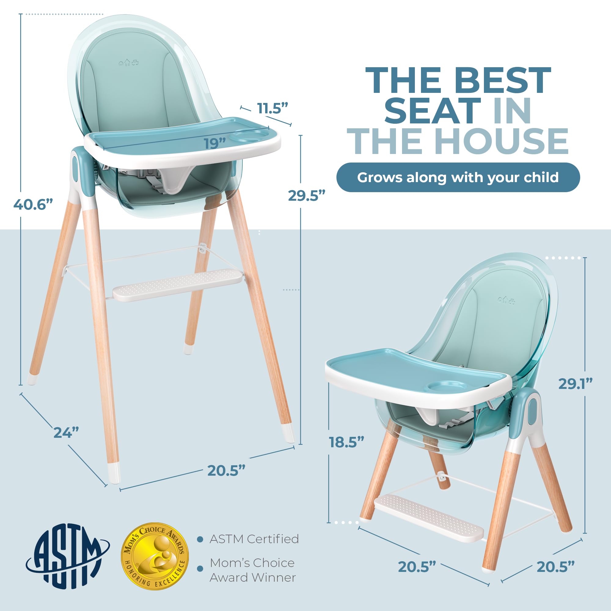6-in-1 Deluxe Wooden High Chair for Babies & Toddlers - Modern, Safe & Compact Baby Highchair with Removable Tray & Cushion - Easy to Clean & Assemble - 3 Seat Positions & 2 Height Adjustments - Perfect for Dining, Feeding & Playtime at Home or Restaurant