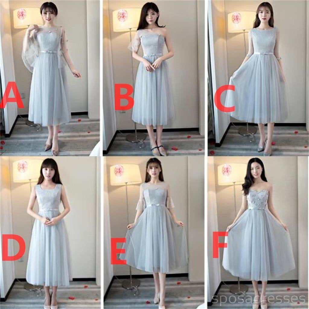 Elegant Mismatched Gray Tea-Length Lace Bridesmaid Dresses - BD025 | Perfect for Weddings, Formal Events & Special Occasions
