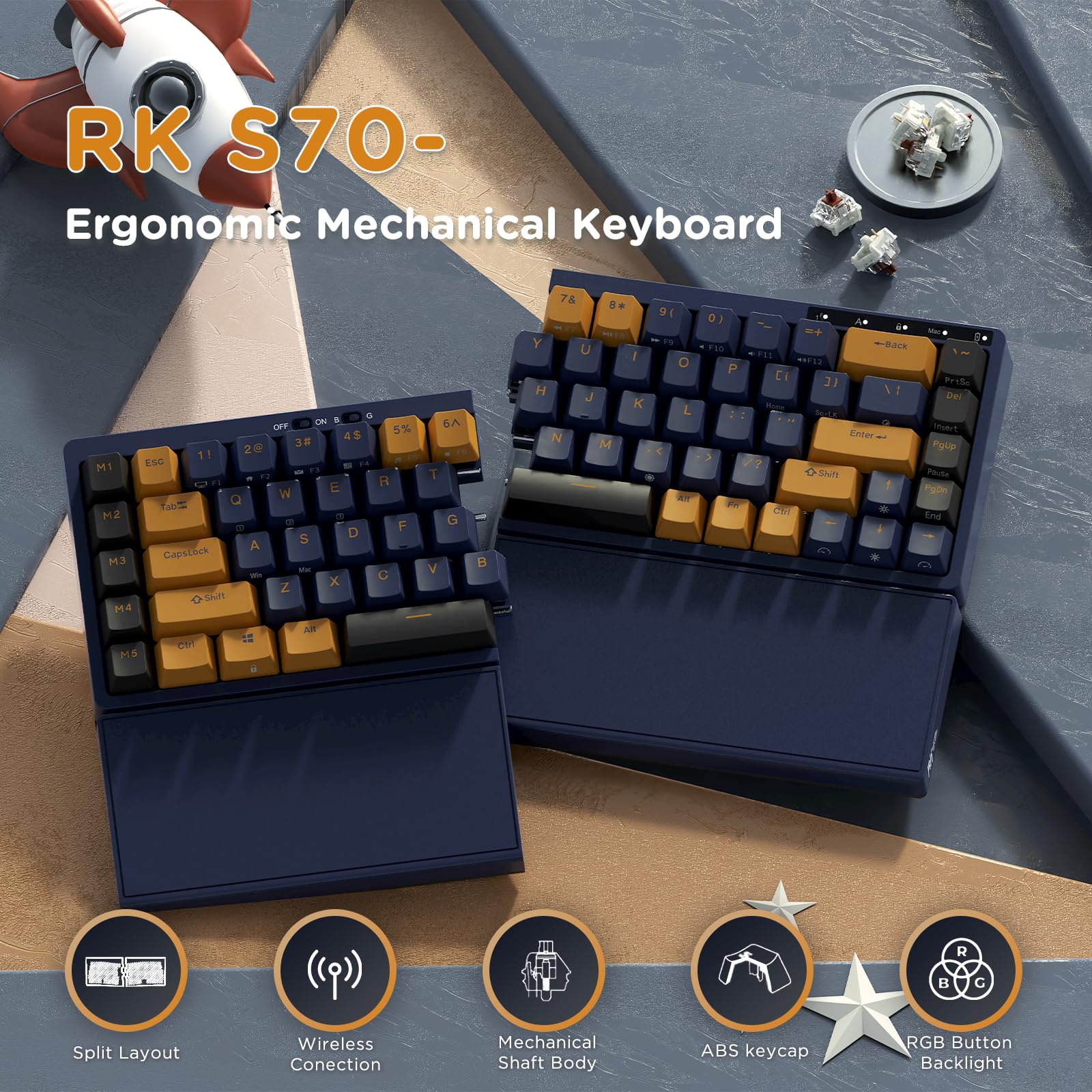 RK RKS70 Wireless Ergonomic Gaming Keyboard - RGB Mechanical, Hot-Swappable for Win/Mac, Perfect for Office & Gaming
