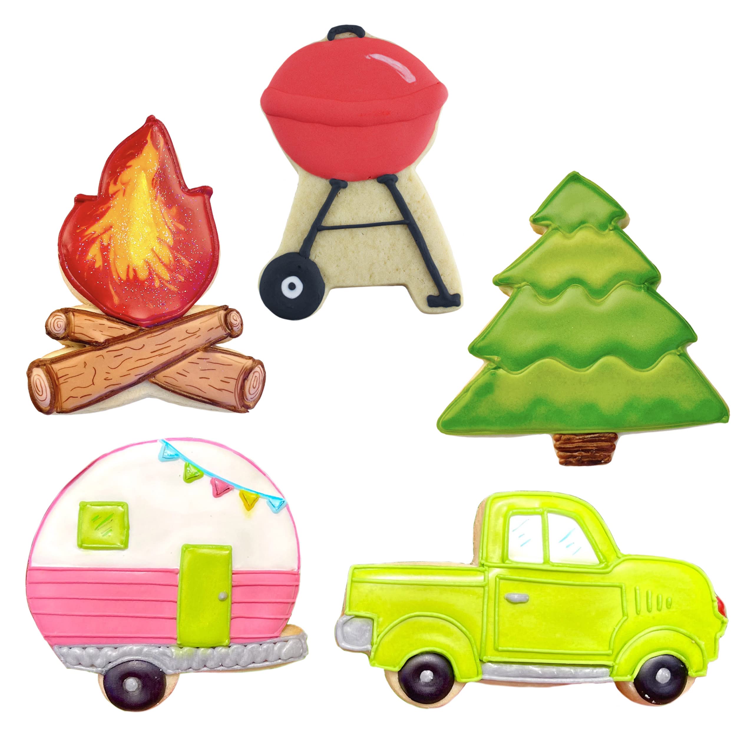 Ann Clark USA-Made Camping Cookie Cutters Set - 5-Piece Camper, Campfire, Vintage Truck, Grill & Pine Tree Shapes - Perfect for Outdoor-Themed Baking, Birthday Parties & Holiday Treats