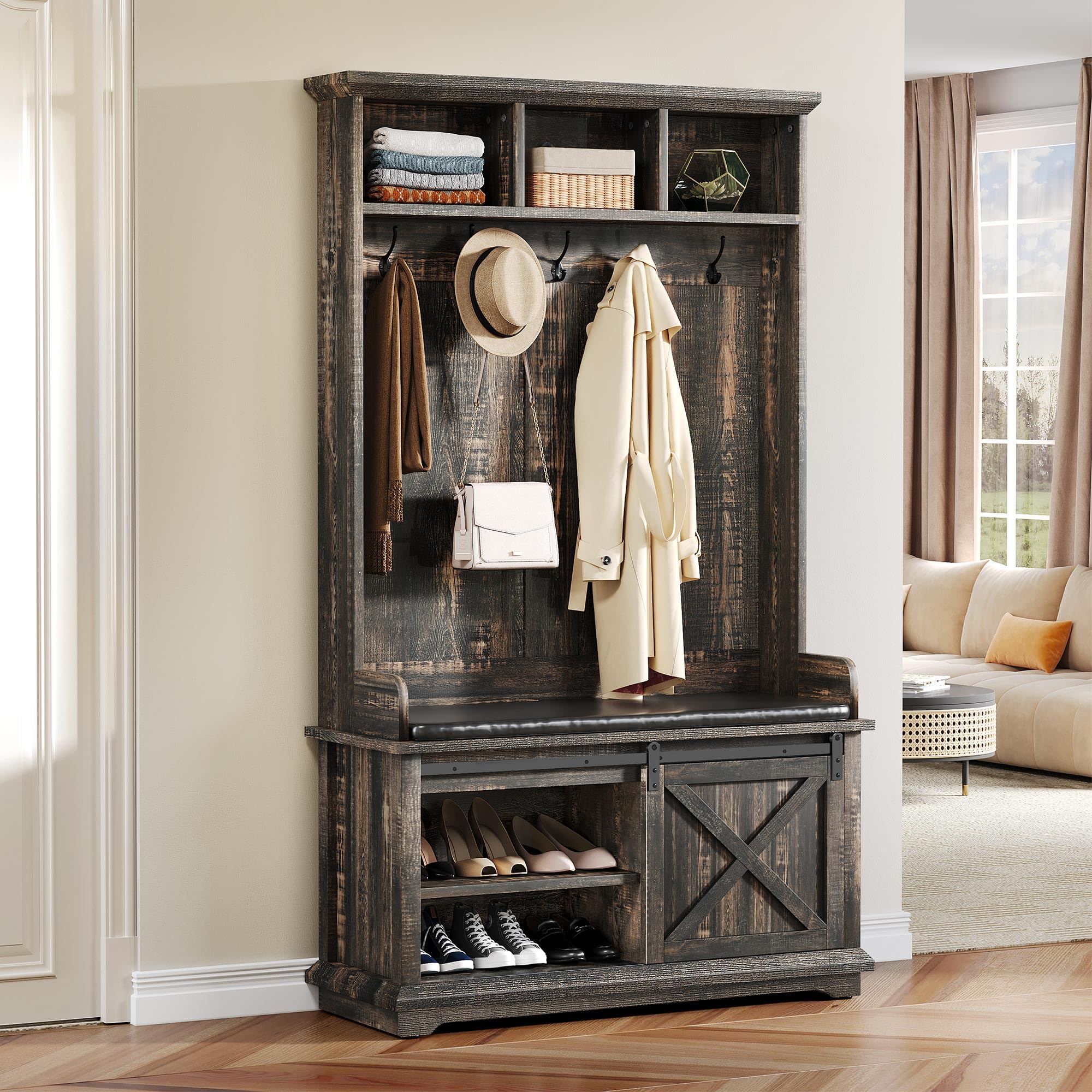 YITAHOME Hall Tree with Shoe Bench & Coat Rack - Rustic Oak Entryway Organizer with Storage Cabinet | Perfect for Hallway, Bedroom & Living Room | Space-Saving Furniture for Small Homes & Apartments