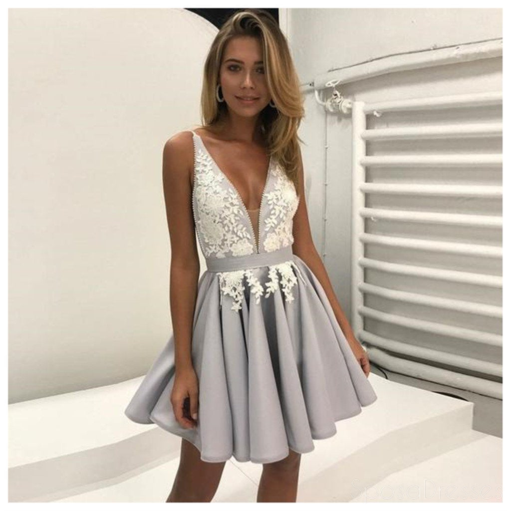 Elegant Gray V-Neck Lace Short Homecoming Prom Dress - CM374 | Affordable Sweet 16 Party Dress for Teens | Perfect for Prom Night, Homecoming Dance & Special Occasions