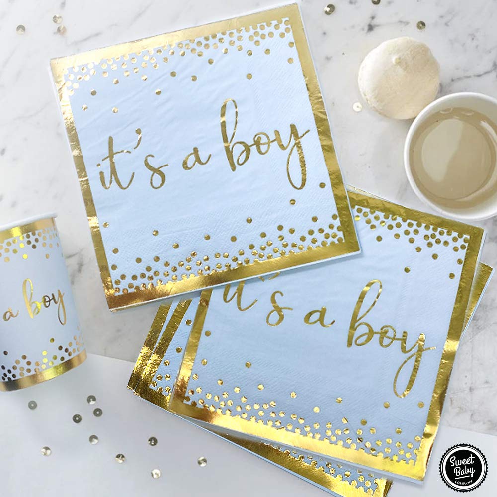 Sweet Baby Co. Oh Baby Boy Shower Party Supplies Set - 24-Pack Light Blue & Gold Its a Boy Paper Plates, Napkins, Cups - Gender Reveal & Baby Shower Tableware Decorations for Birthday Celebrations - Perfect for Baby Showers, Gender Reveal Parties & Newborn Celebrations