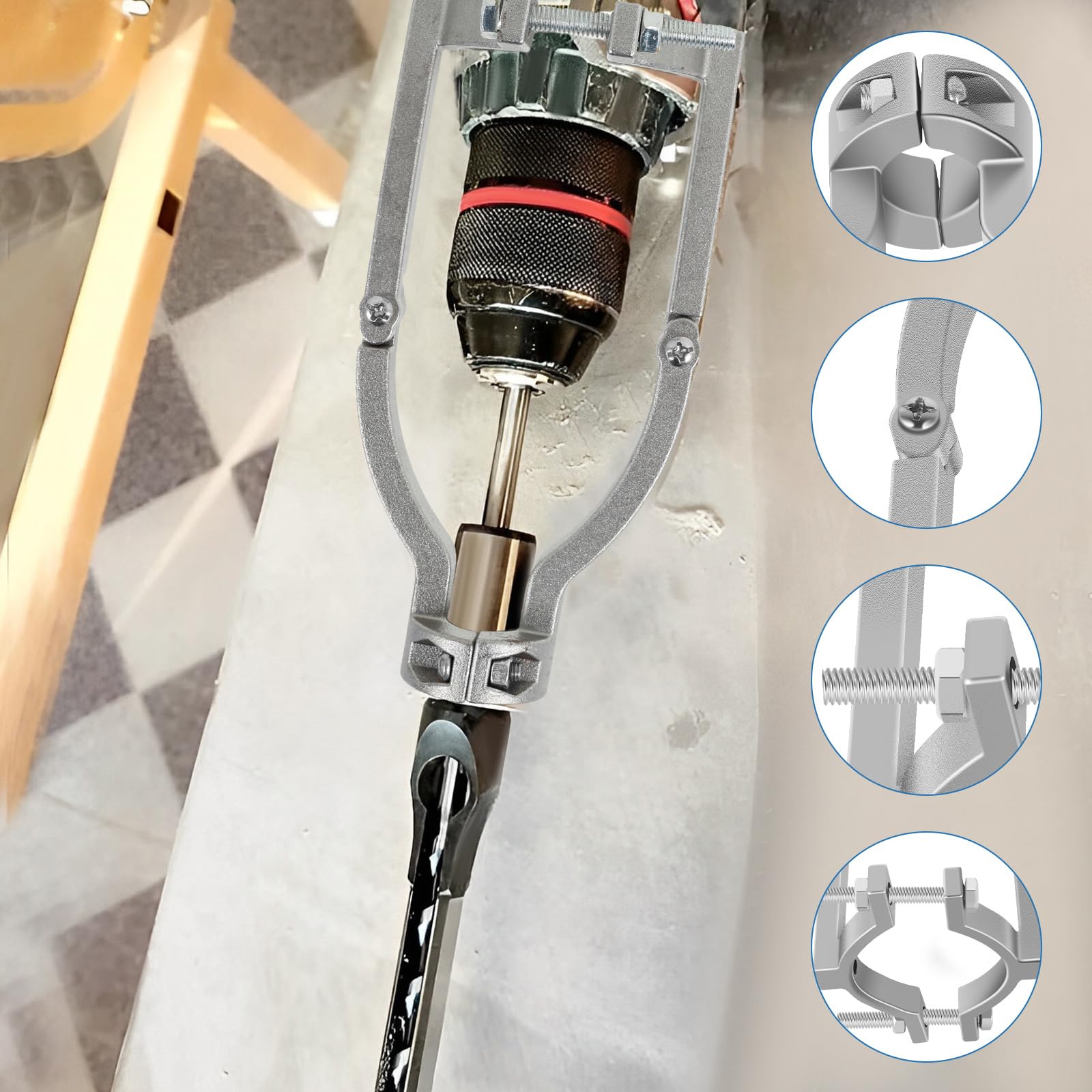 Square Hole Drill Bit Adapter & 4 Carbide Drill Bits Set for Drill Press, Mortise Machine - Heavy Duty Power Tool Accessories for Woodworking, Cabinetry, and Furniture Making