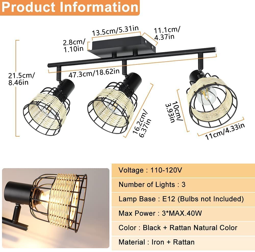 Depuley 3-Way Adjustable Ceiling Light Fixture - Black Metal & Woven Lampshade Spotlight for Kitchen, Living Room, Bedroom, Dining Room, Hallway (Bulbs Not Included) | Modern Lighting for Home Decor & Ambient Illumination
