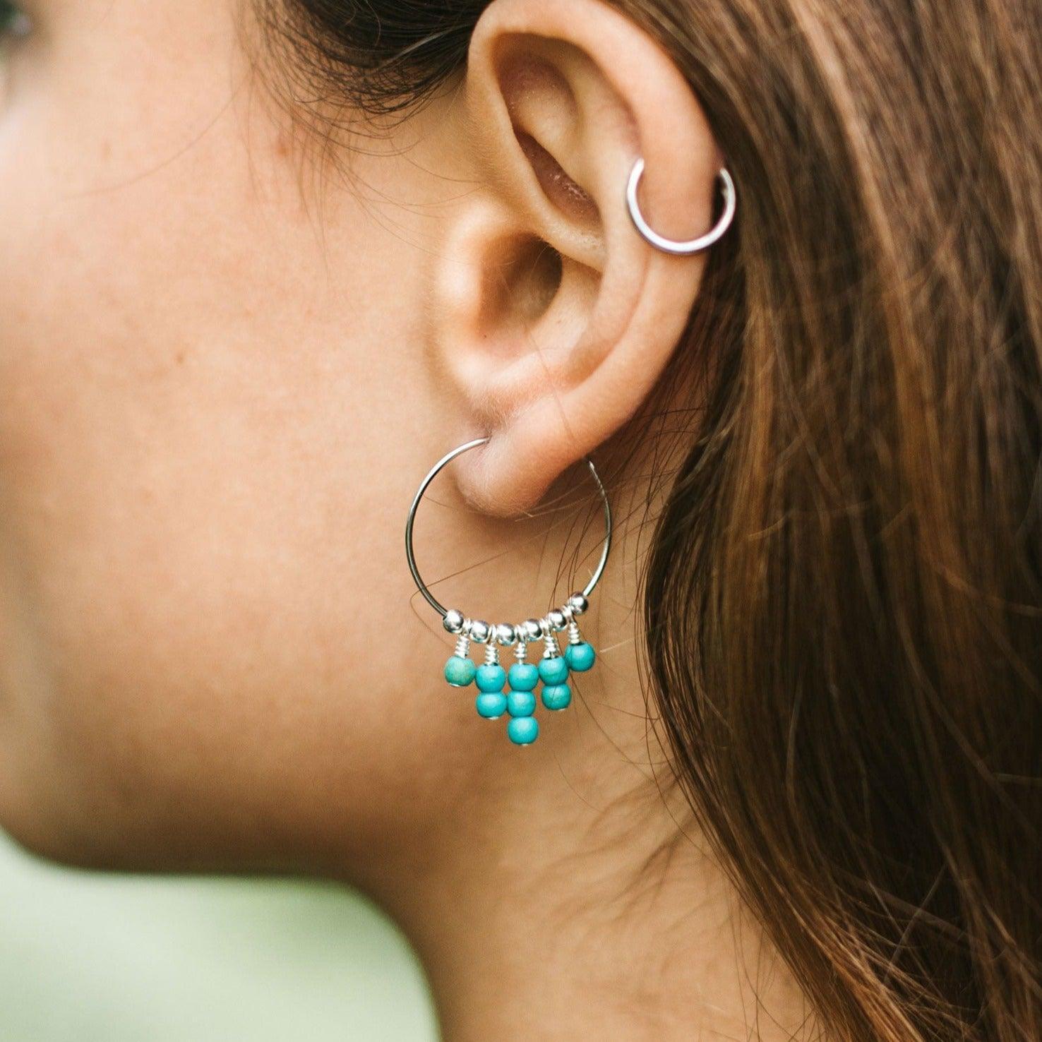 Turquoise Statement Hoop Earrings for Women - Large Boho Chic Dangle Earrings - Handmade Jewelry for Parties, Weddings & Everyday Wear