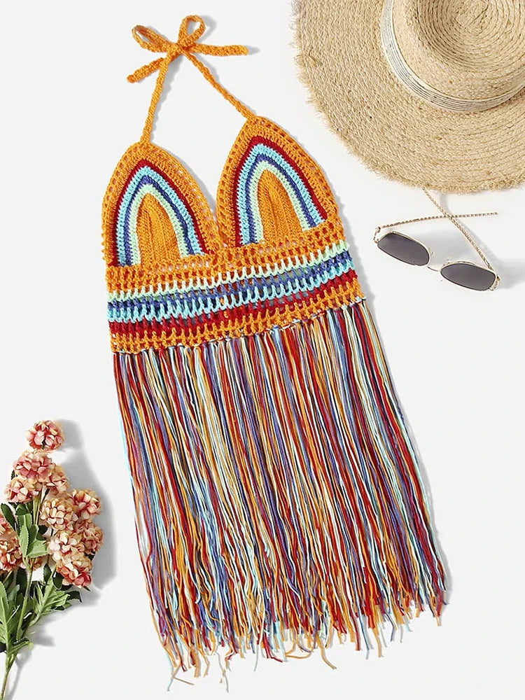 Crochet Hollow Out Tassel Beach Cover Up - Sexy Women's Mini Top Bikini Swimwear Bathing Suit Cover Up for Summer Vacation, Pool Party & Beach Day