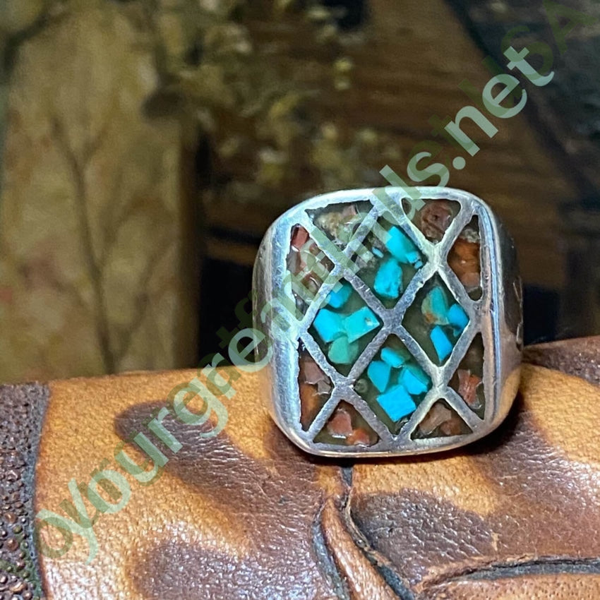 Authentic Southwest Style 925 Sterling Silver Ring with Turquoise Chip Mosaic - Size 9.5 - Handmade Native American Jewelry for Women - Perfect for Boho Fashion, Western Wear & Special Occasions