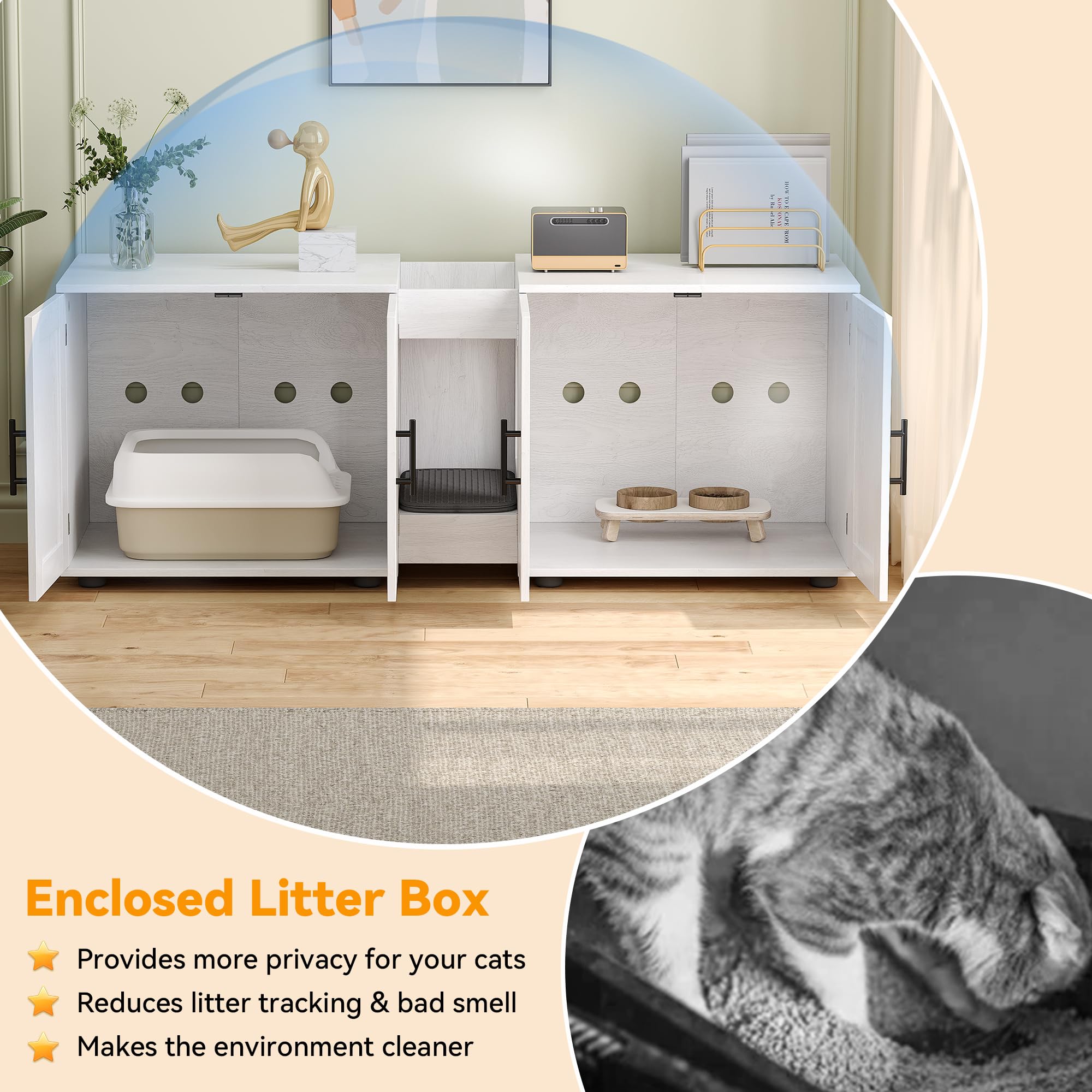 Gaomon Wooden Cat Litter Box Enclosure Furniture - Double Cage Hidden Litter Box House for 2 Cats, 55