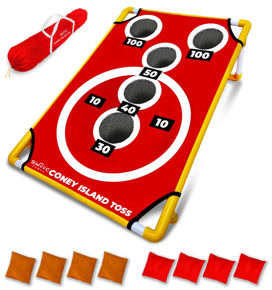 SWOOC Games - Coney Island Toss™ Arcade Style Cornhole Board Set with Carry Case & 15+ Game Variations - Premium Cornhole Game for Adults & Kids - Outdoor Bean Bag Toss Set with 8 Bags - Perfect for Backyard Parties, Tailgating, and Family Game Nights