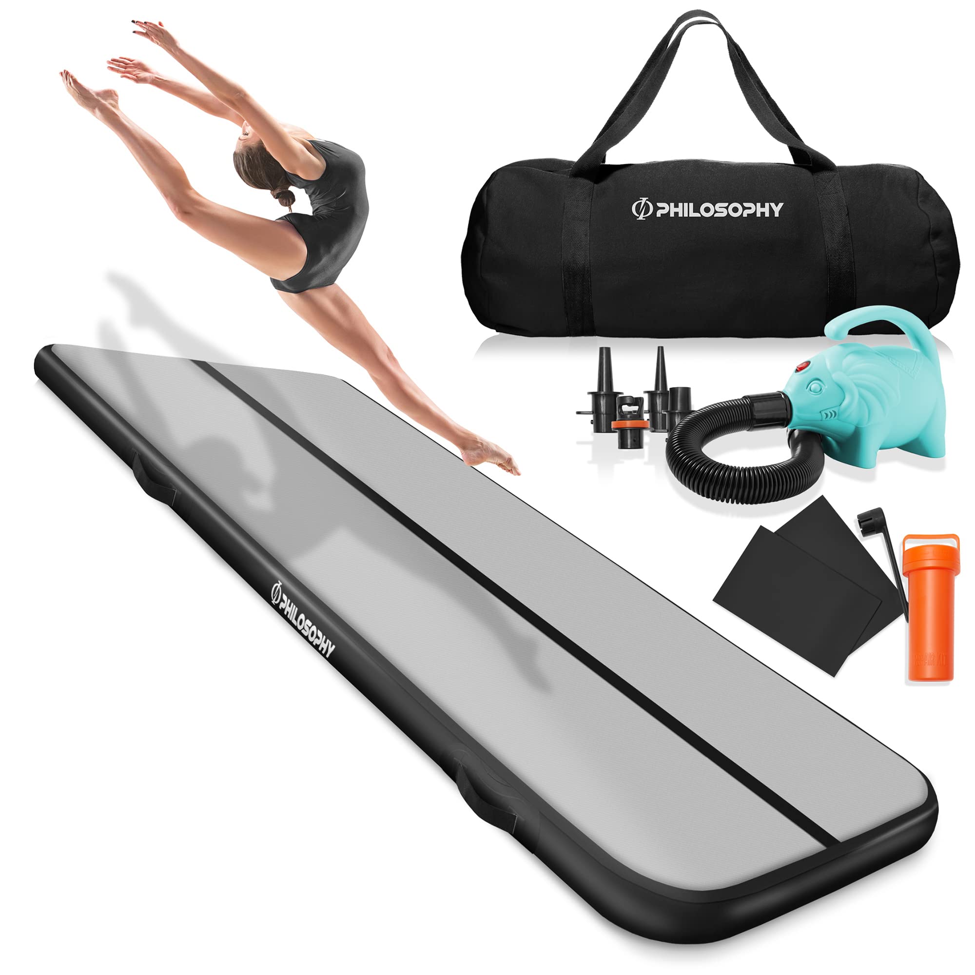 Philosophy Gym Air Tumble Mat - Inflatable Gymnastics Training Mat with Electric Pump | Portable Exercise Mat for Home Gym, Yoga, Kids Play & Indoor Fitness