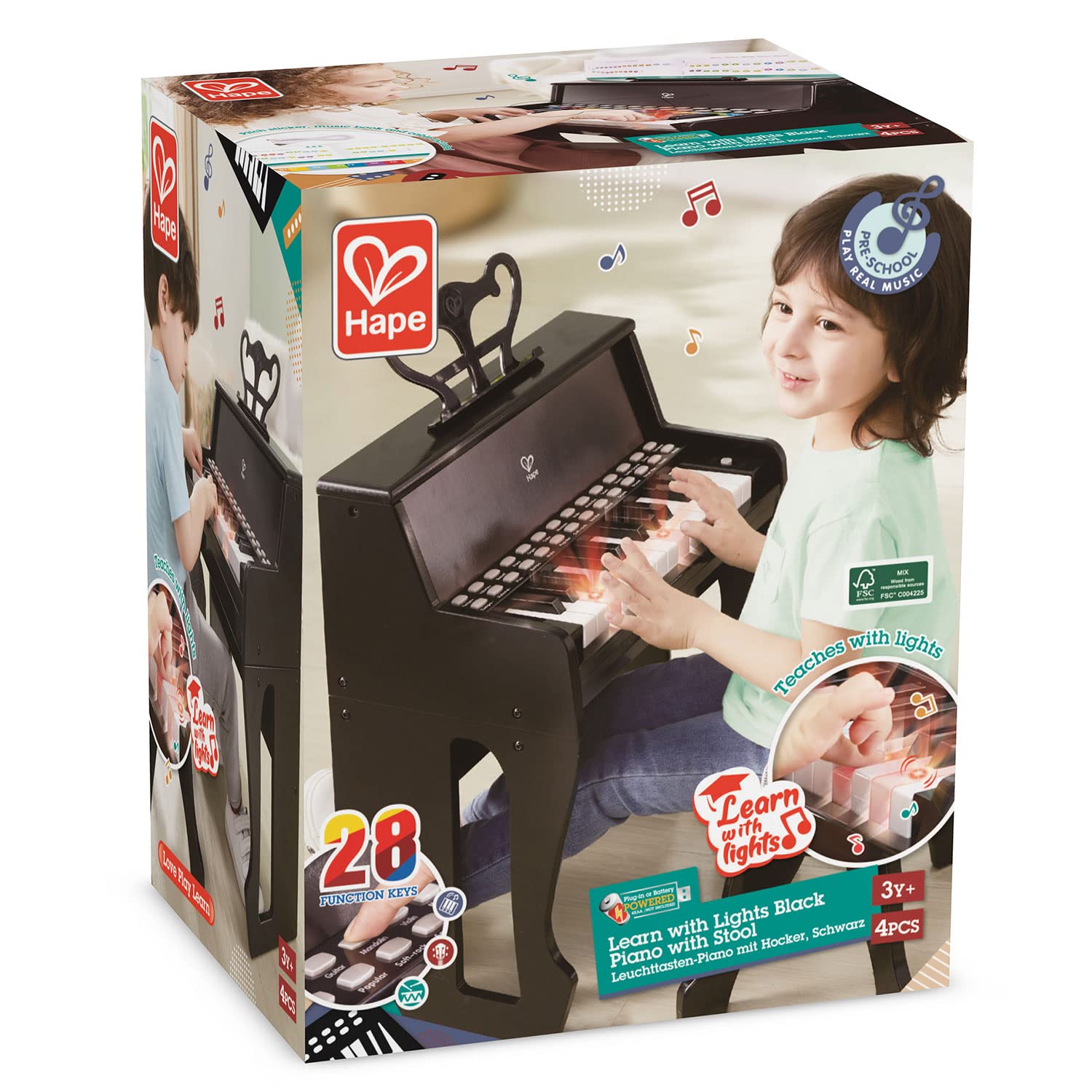 Hape Learn with Lights Black Piano with Stool - Kids Musical Toy Keyboard for Early Learning & Play - Perfect for Home, Classroom & Music Enthusiasts