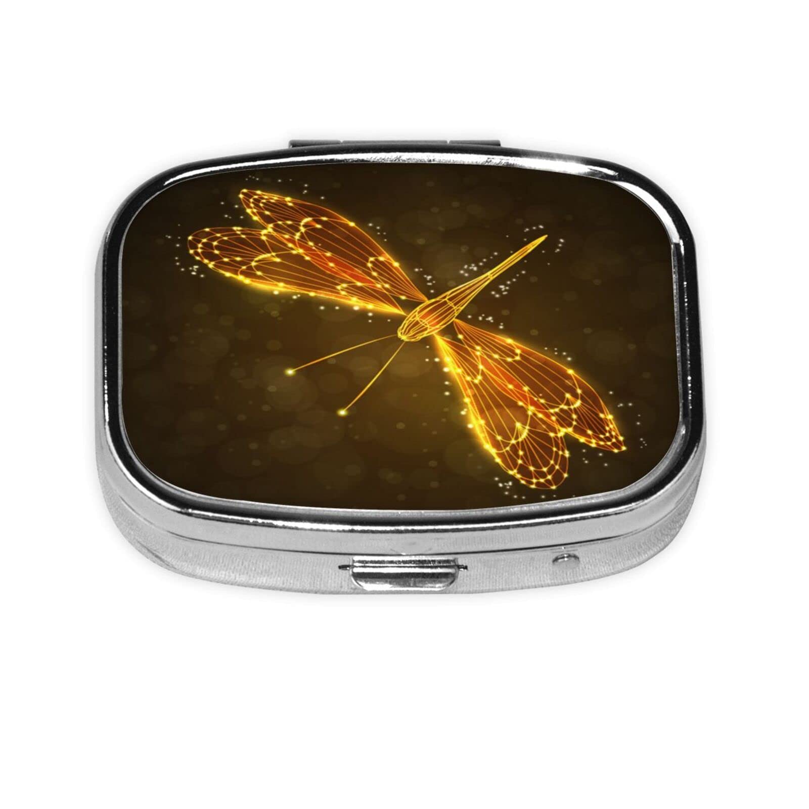 Abstract Yellow Dragonfly Printed Pill Box - Portable Square Pill Case for Purse, Travel & Daily Use | Compact Medicine Organizer for Vitamins, Supplements & Pills