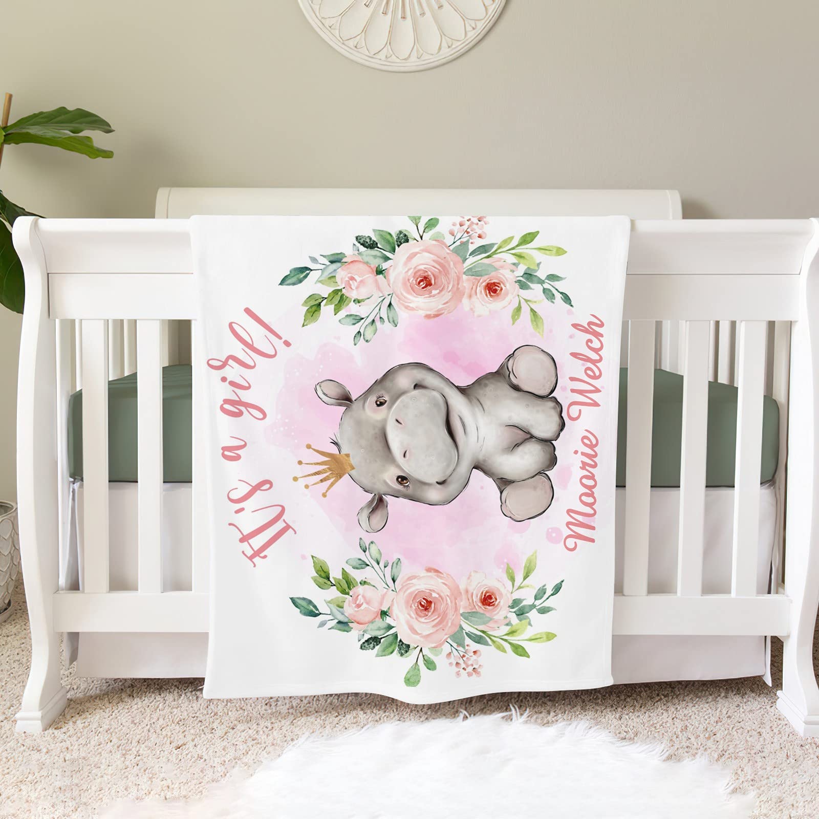 Custom Personalized Baby Blanket with Name - Pink Floral Rhinoceros Design 30x40 Inch Soft Swaddling Blanket for Newborn Boys & Girls | Perfect for Baby Showers, Birthdays & Nursery Decor