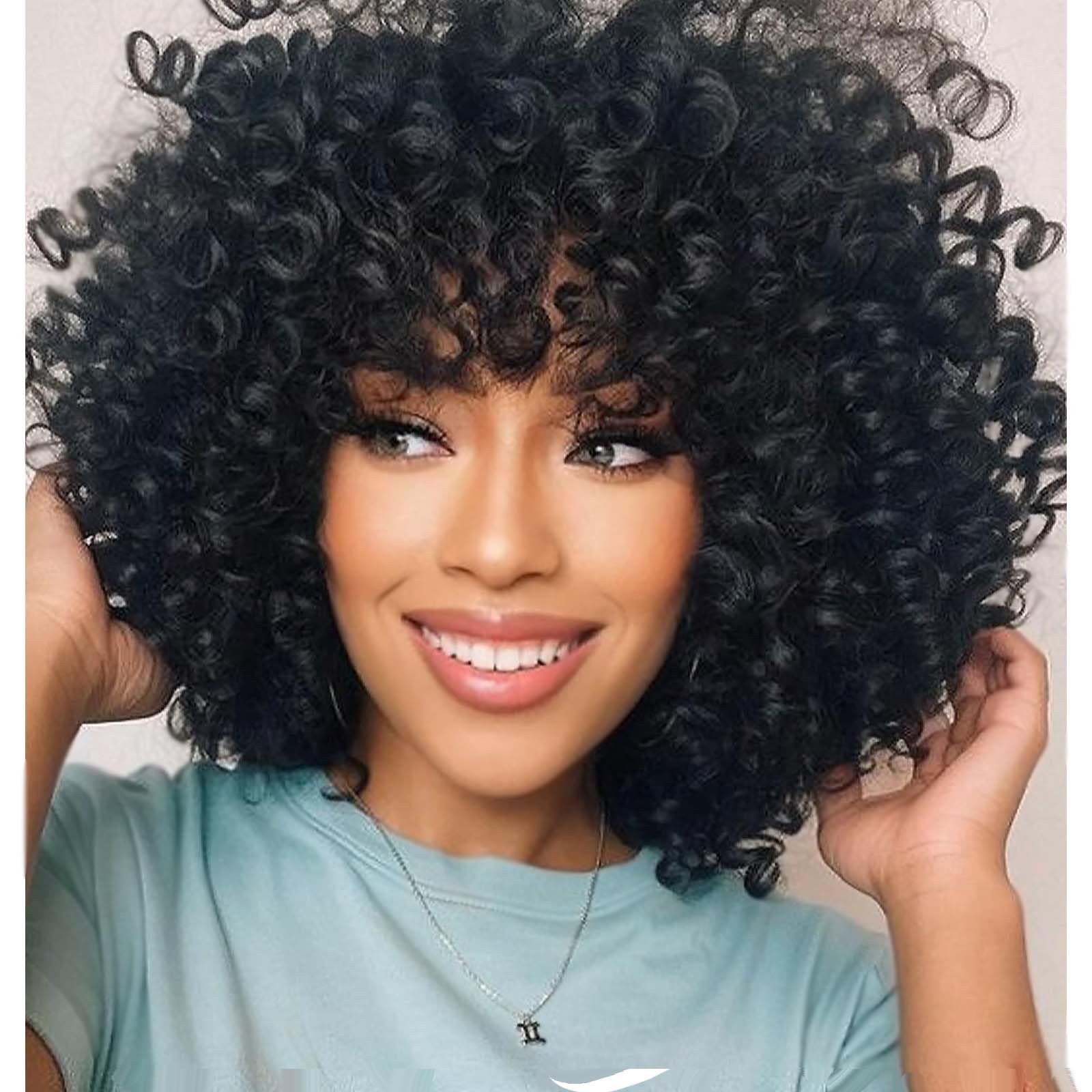 Black Curly Wigs for Women - Short Synthetic Heat Resistant Wigs with Wig Caps - Perfect for Daily Wear, Cosplay & Hair Replacement (Black)