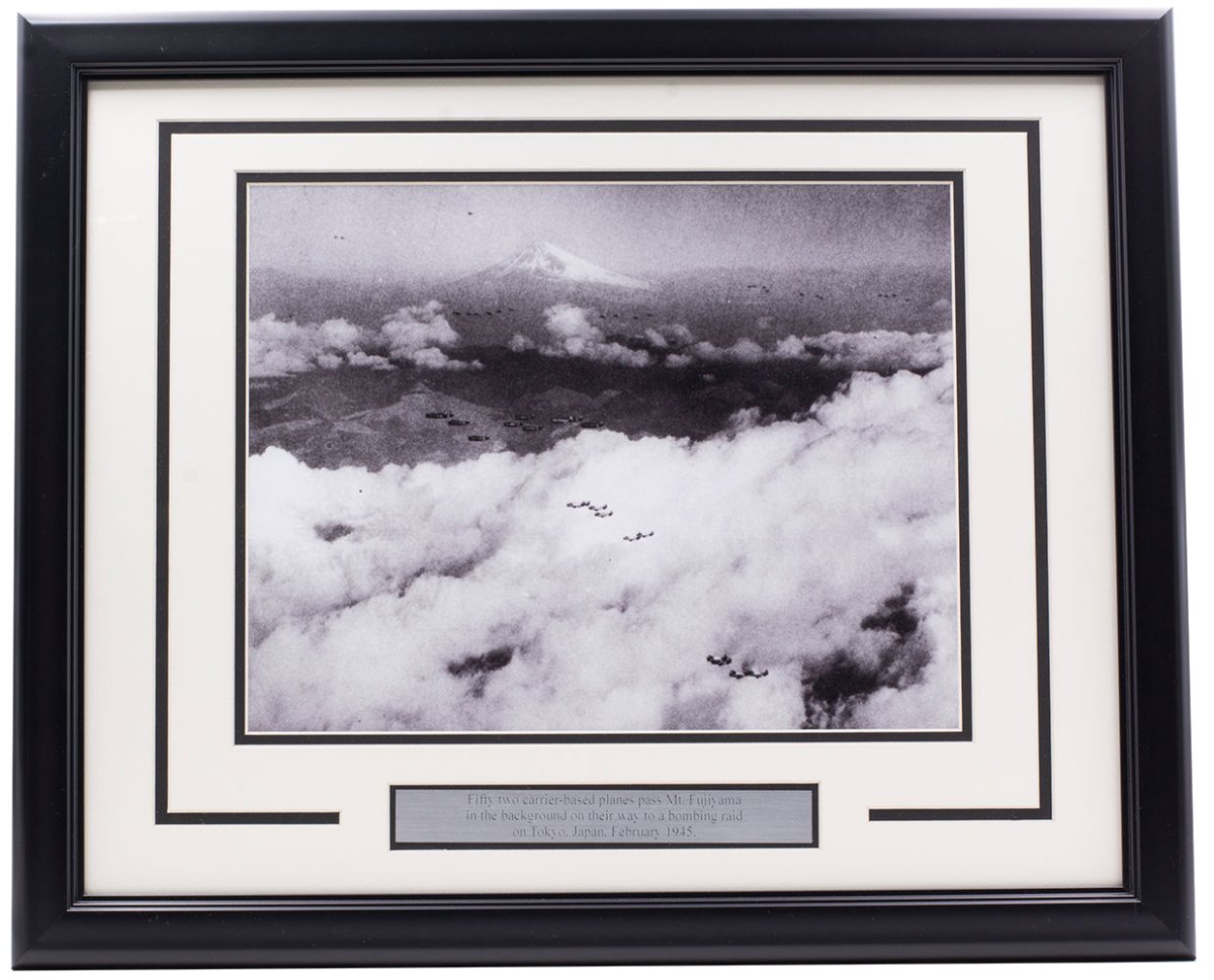 Vintage WWII Navy Carrier Planes Flying Over Mount Fuji - 11x14 Framed Historical Photo - Perfect for Military History Enthusiasts & Home Office Decor