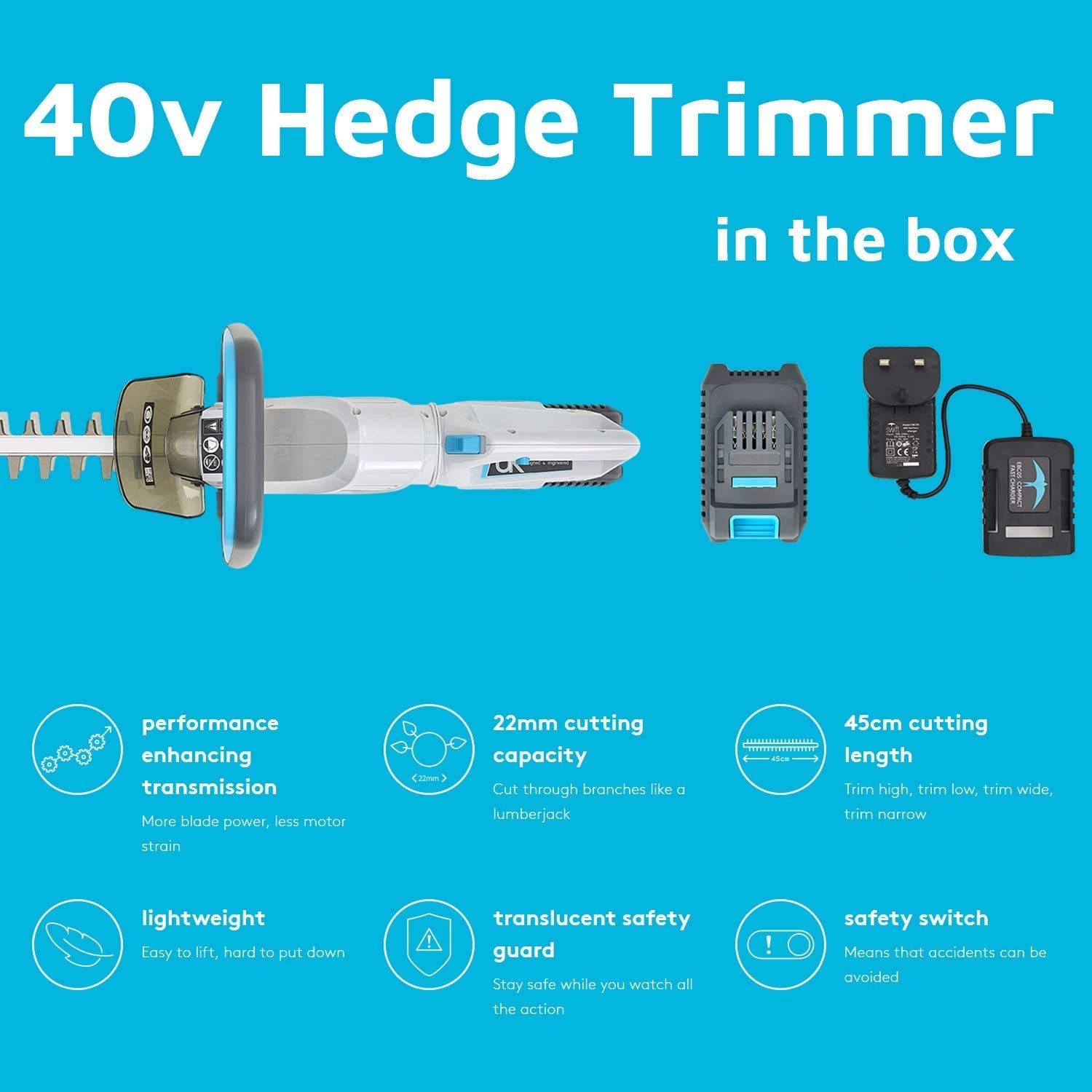 40V Cordless Hedge Trimmer with Battery & Charger - 20-Inch Rotating Multi-Function Handle for Precise Trimming | Perfect for Shrubs, Bushes & Garden Landscaping