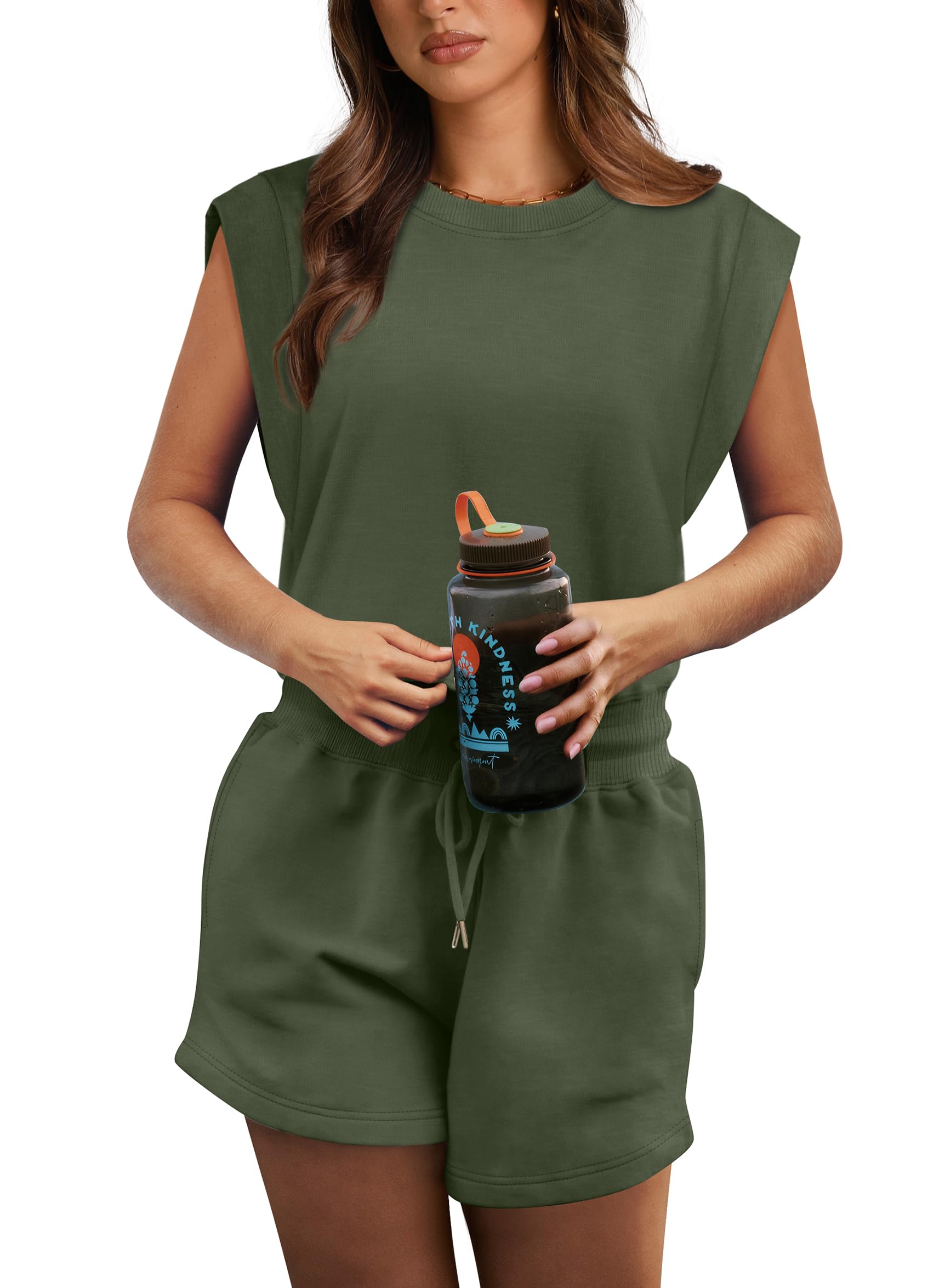 OFEEFAN Women's Summer Rompers - Cap Sleeve, Adjustable Drawstring Waistband, Crewneck Casual Jumpsuit with Pockets | Perfect for Beach Vacations, Outdoor Activities & Everyday Wear