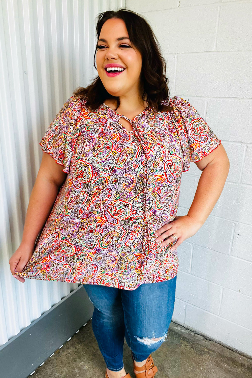 Boho Paisley Print Dolman Top with Tie Neck - Plum & Multicolor Floral Blouse for Women | Perfect for Casual Outings, Music Festivals & Beach Vacations