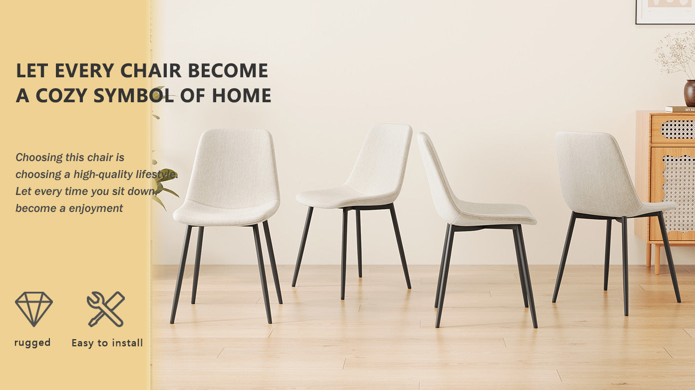 Modern Kitchen Dining Chairs Set of 4 - Linen Padded Seats with Sturdy Black Metal Legs (Beige) - Perfect for Home, Office, Restaurant & Cafe Use