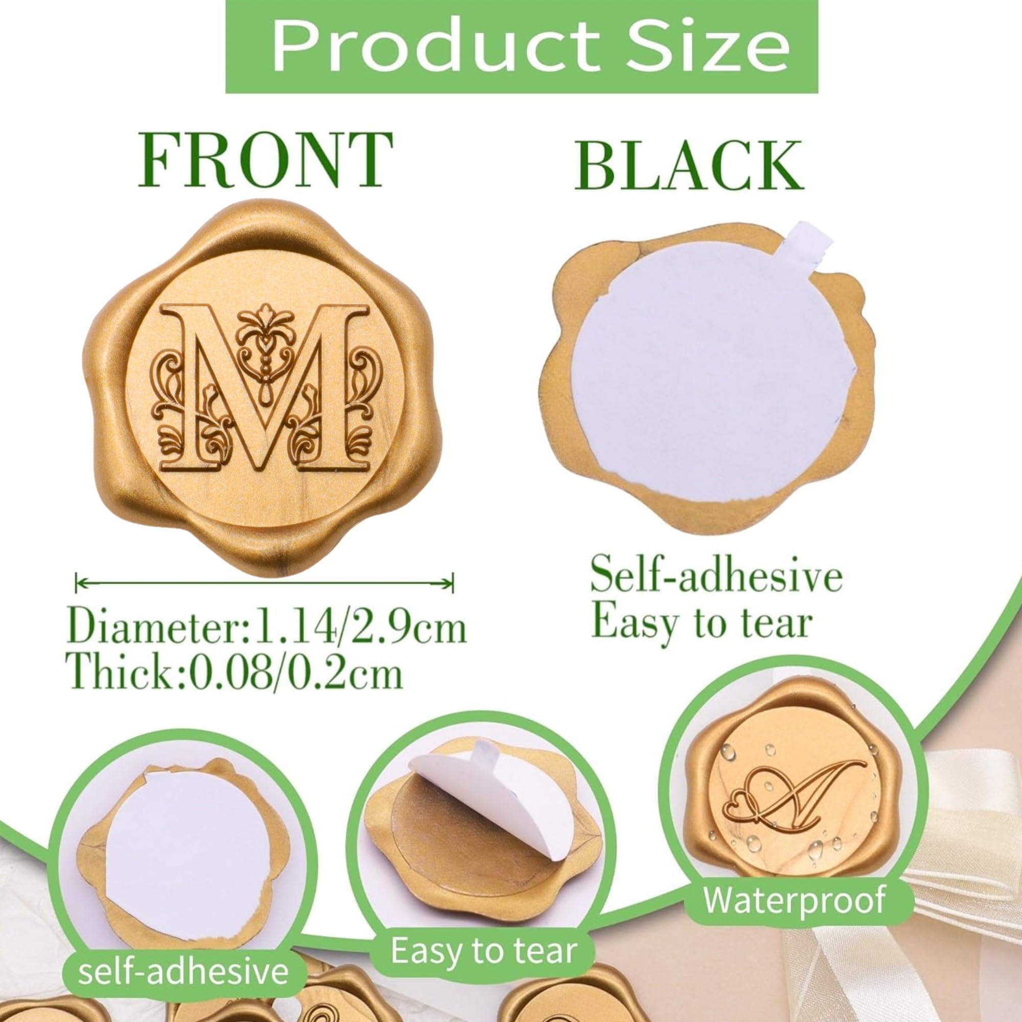 SWANGSA 50 Pack Letter M Wax Seal Stickers - Antique Gold Initial Alphabet Self-Adhesive Wax Seals for Wedding Invitations, Party Envelopes, Greeting Cards & DIY Scrapbooking