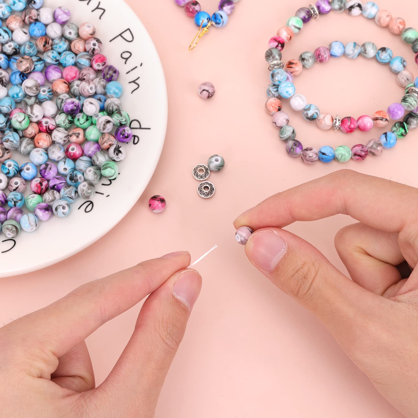 Quefe 500pcs Acrylic Craft Beads for Jewelry Making - 8mm Ink Pattern Space Beads with 50 Spacer Beads & Crystal String - DIY Bracelet Making Kit for Women, Teens - Perfect for Gifts, Parties & Creative Projects