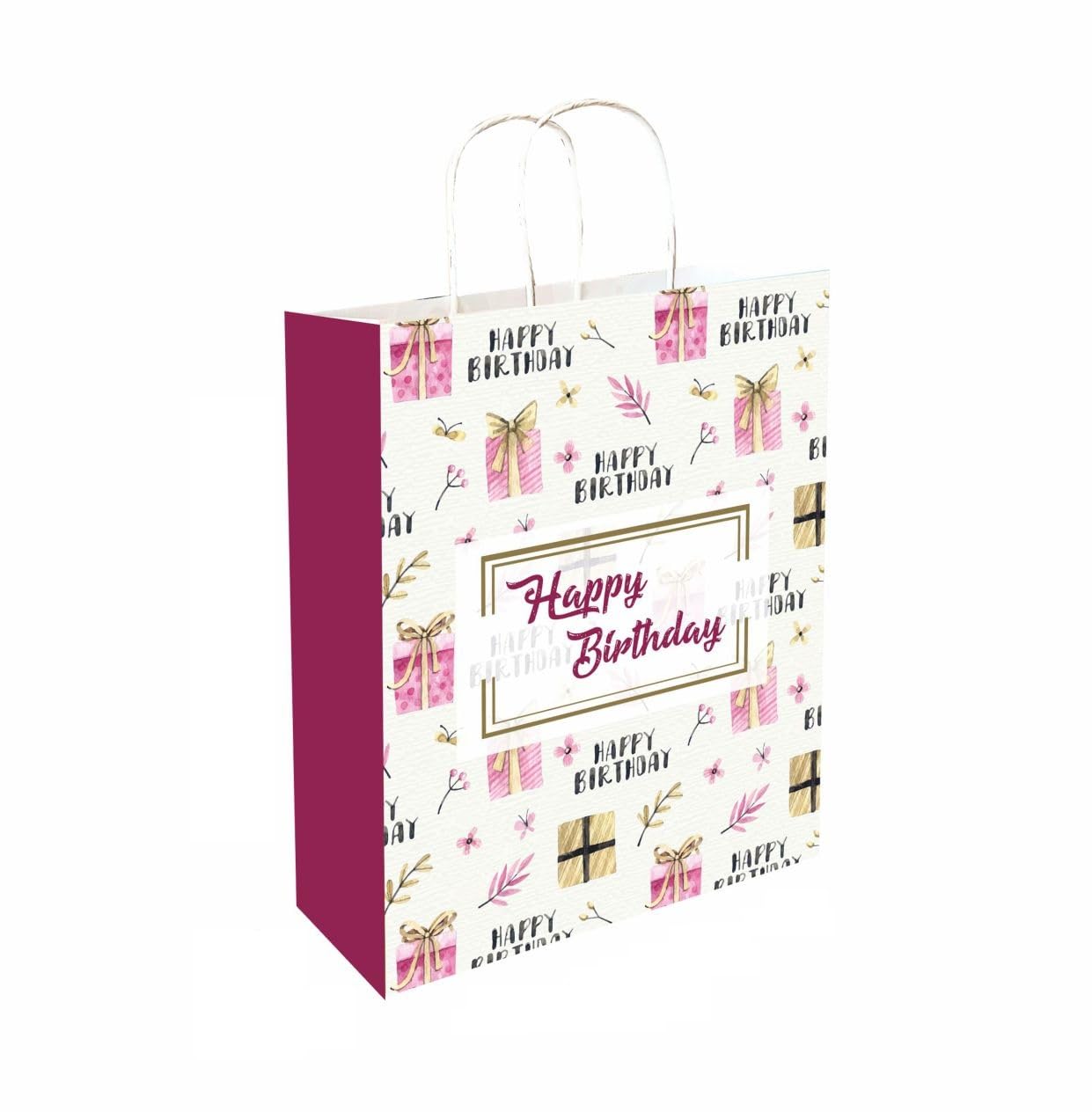 Omnipresent Pack 12-Piece Happy Printed Paper Gift Bags - 90 GSM, 11.4x9.4x4.7 Inch Cream Color - Perfect for Birthday Presents, Party Favors & Holiday Gifting - Ideal for Weddings, Baby Showers & Corporate Events