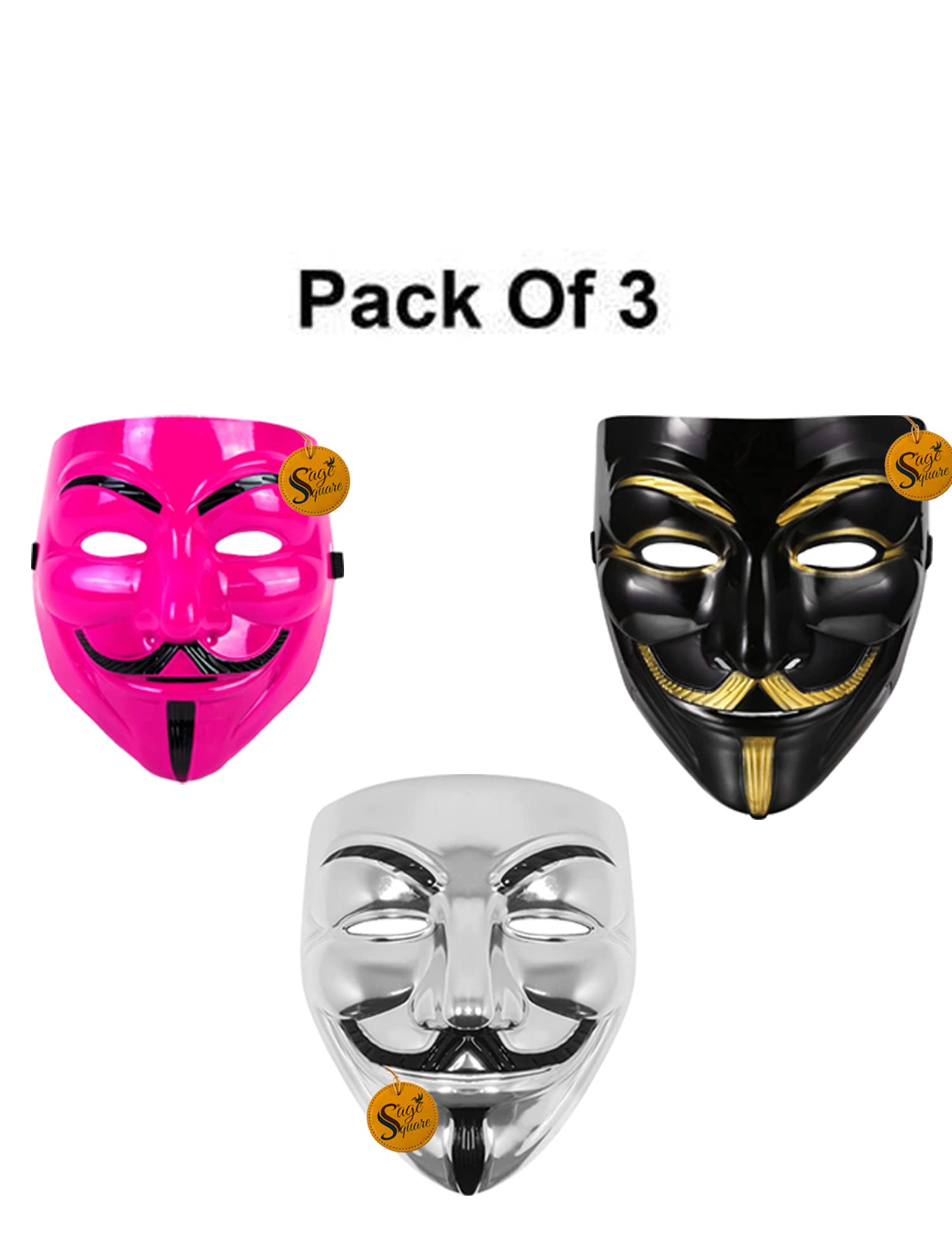 V for Vendetta Face Mask Set of 3 - Sage Square Black, Pink & Silver Anonymous Cosplay Mask | Perfect Fit for Halloween, Protests & Movie Costumes