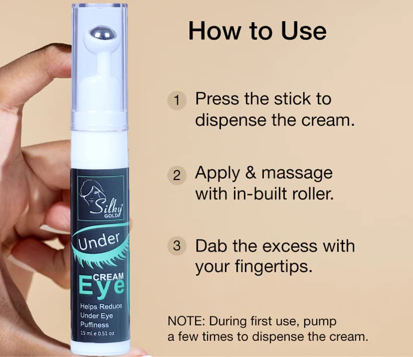 Silky Gold Under Eye Cream for Dark Circles & Wrinkles - 15ml Roll-On with Cooling Massage Roller | Reduces Puffiness, Fades Fine Lines | Perfect for Night Routine & Travel Skincare