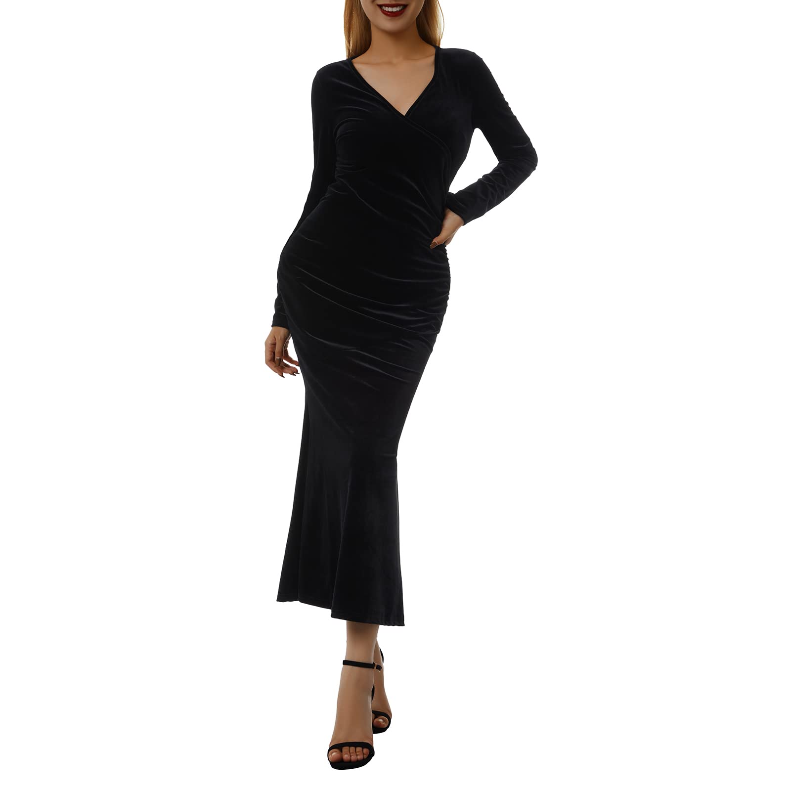 Elegant Women's Velvet Wrap Dress Long Sleeve Cocktail Maxi Dress for Wedding Guest, Evening Party & Formal Occasions - Plus Size Available